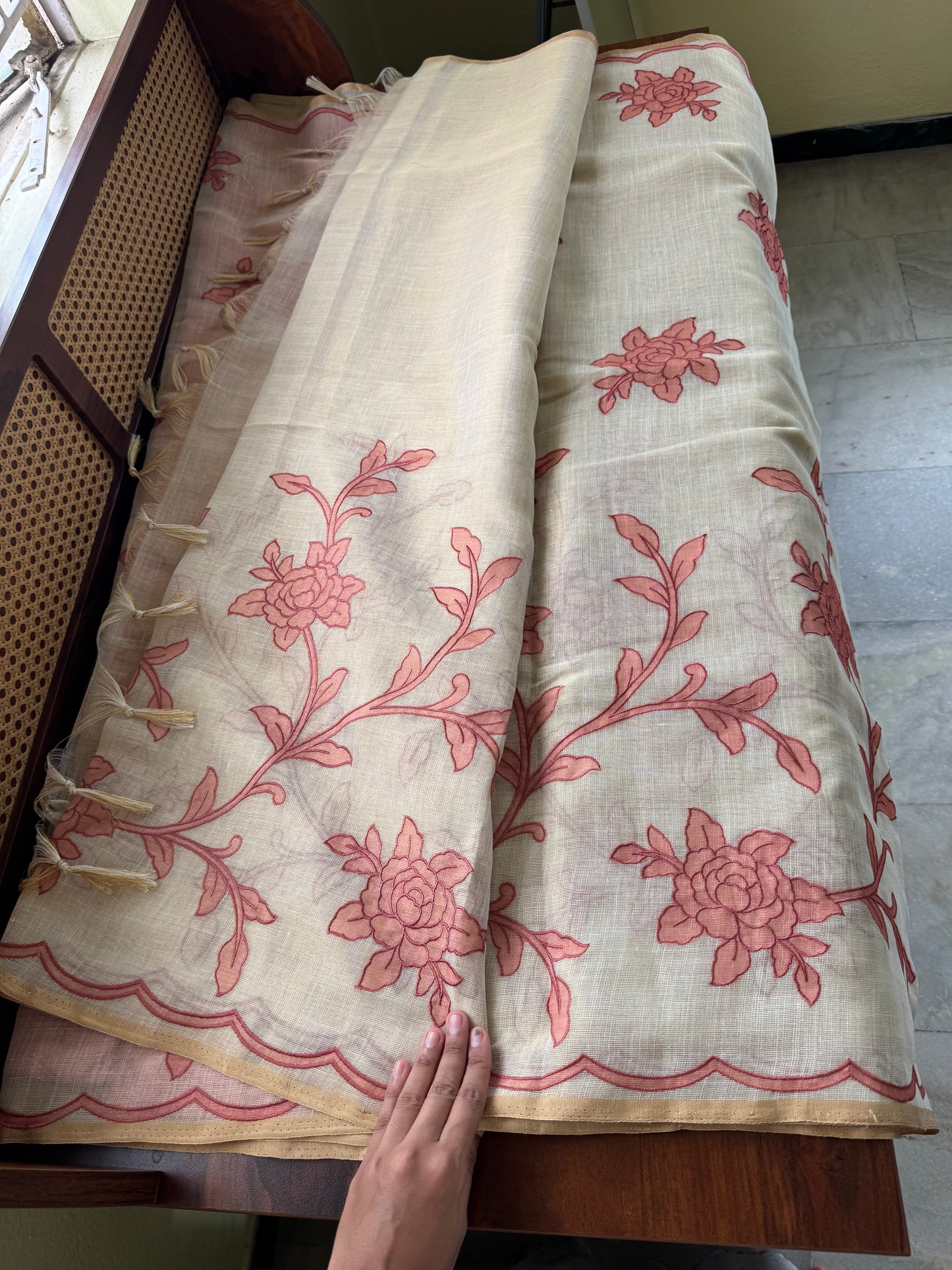 Premium Tissue Linen Sarees with appliqué work - Half White & Peach