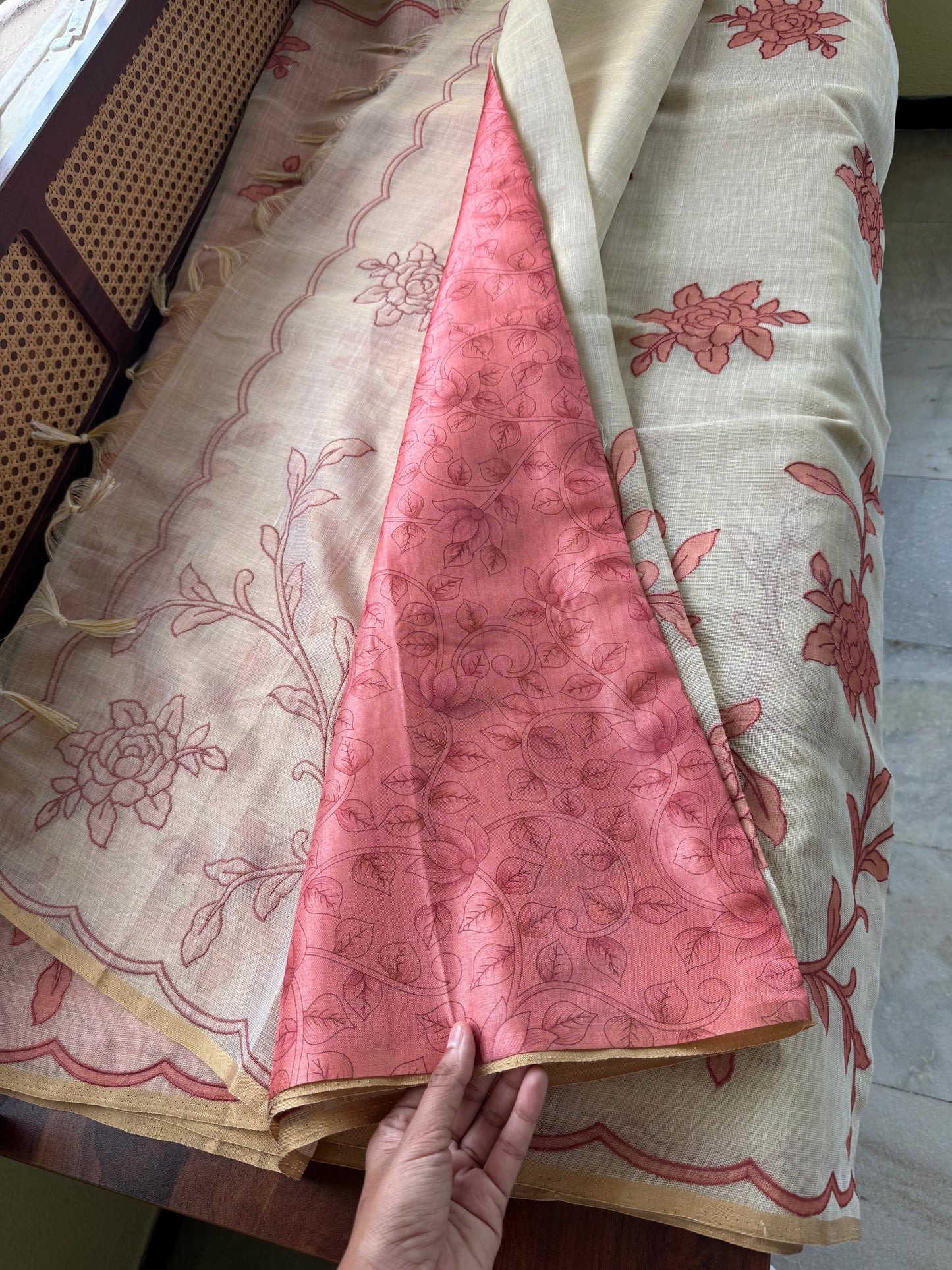 Premium Tissue Linen Sarees with appliqué work - Half White & Peach