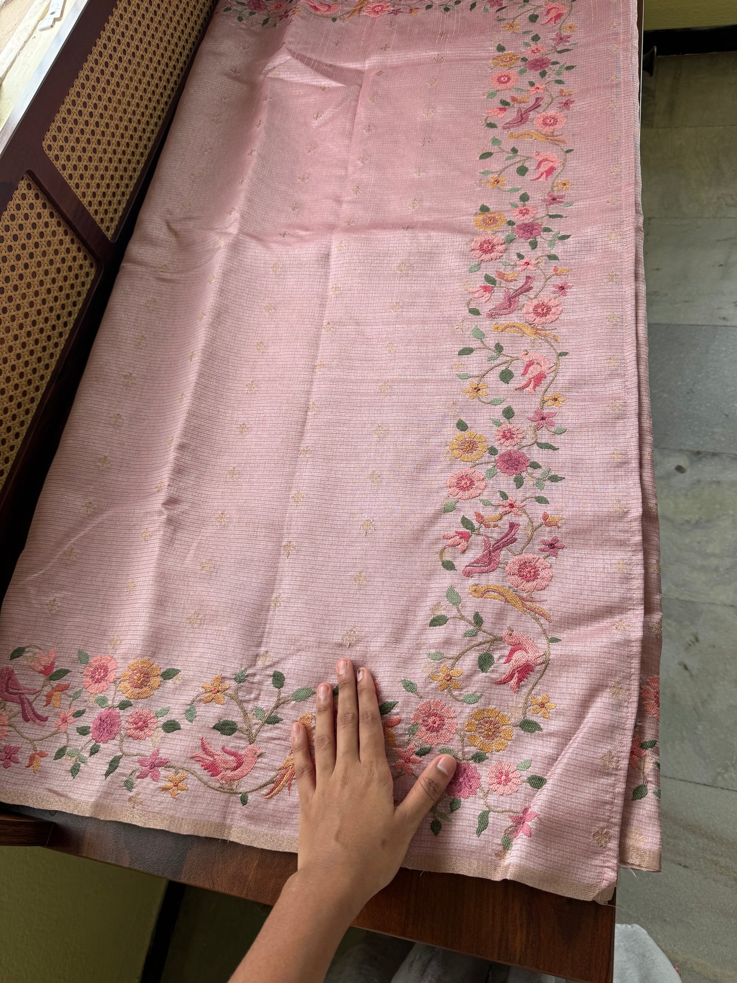 Embroidered Tussar Blend - Pink