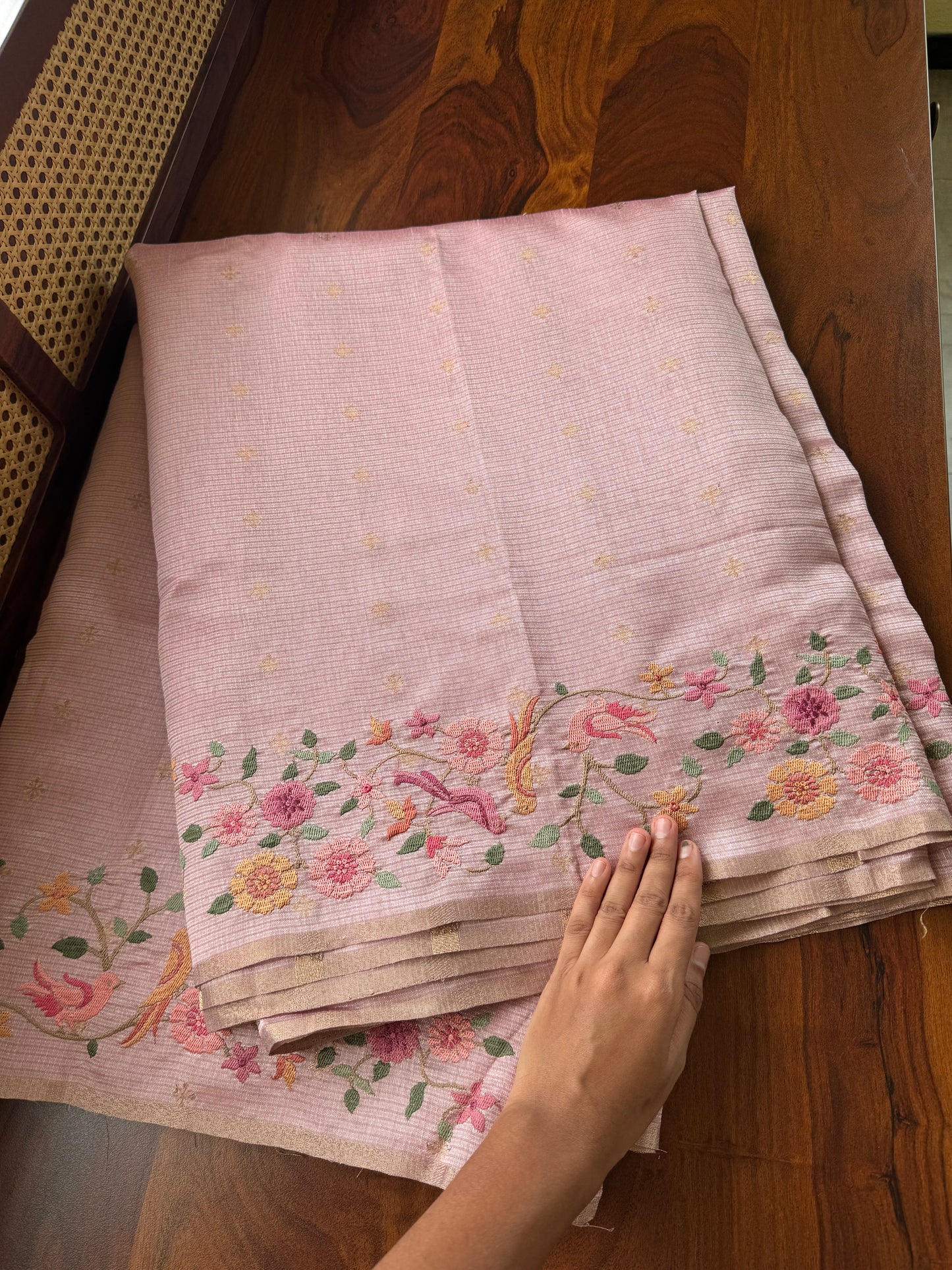Embroidered Tussar Blend - Pink