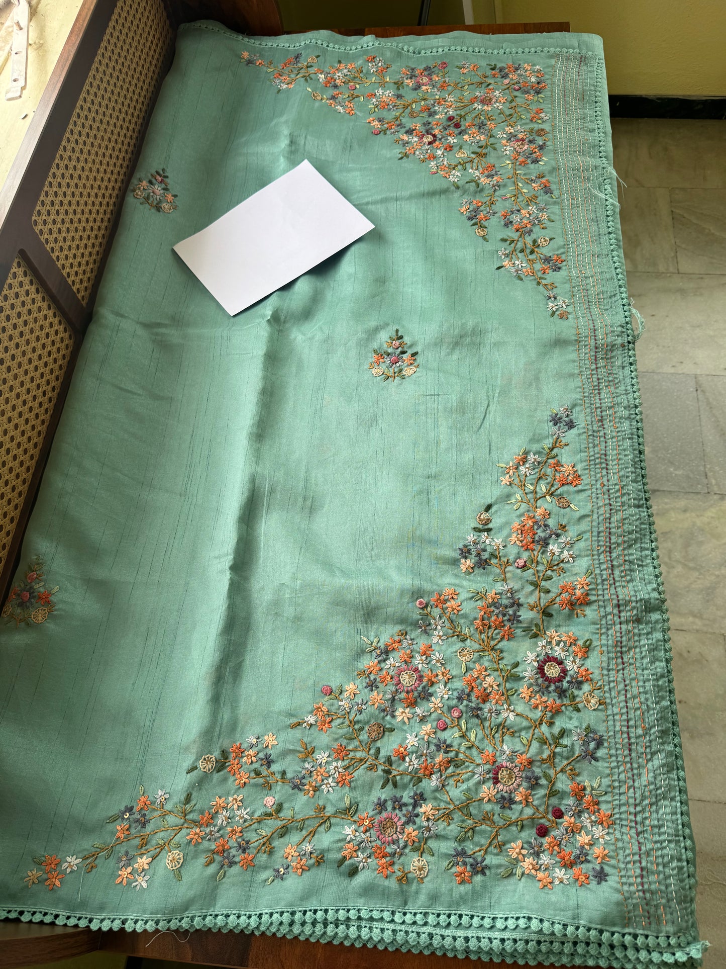 Hand Embroidered Tussar Blend Saree with heavy blouse  - Aqua Blue