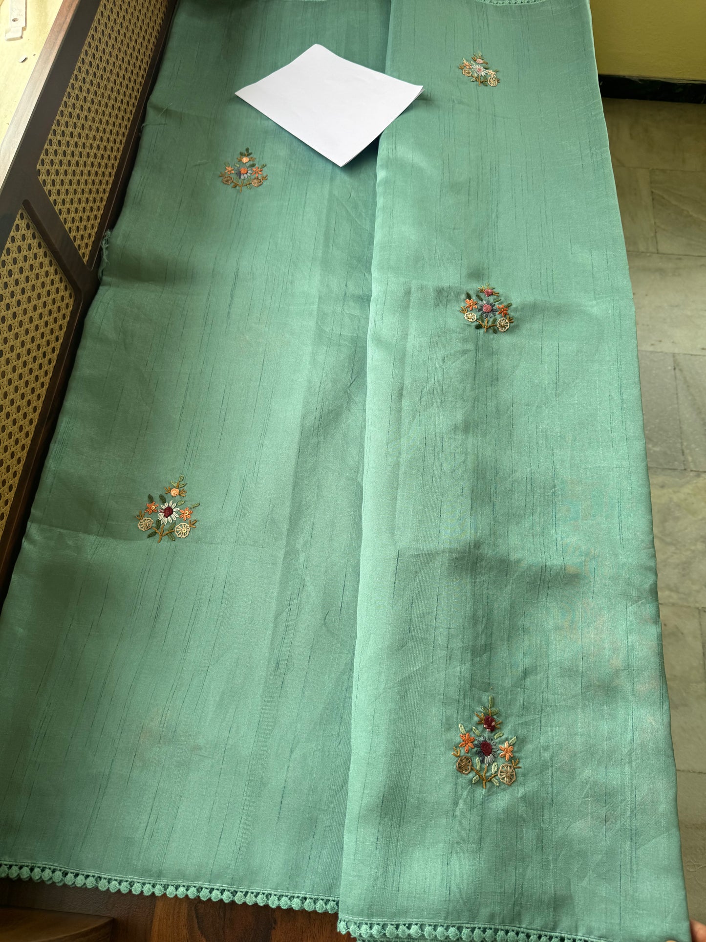 Hand Embroidered Tussar Blend Saree with heavy blouse  - Aqua Blue