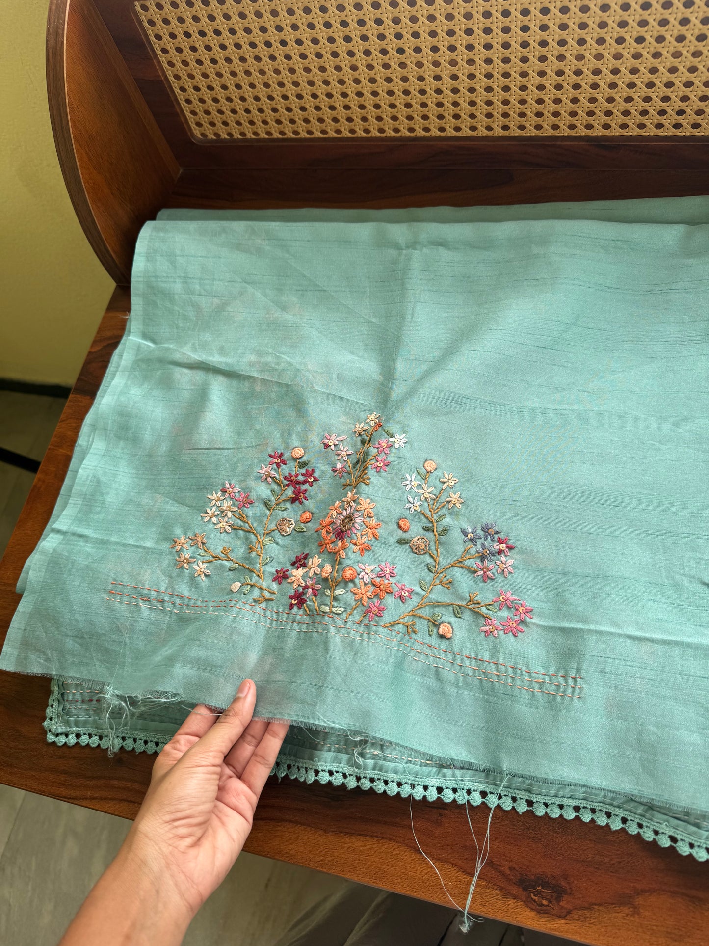 Hand Embroidered Tussar Blend Saree with heavy blouse  - Aqua Blue