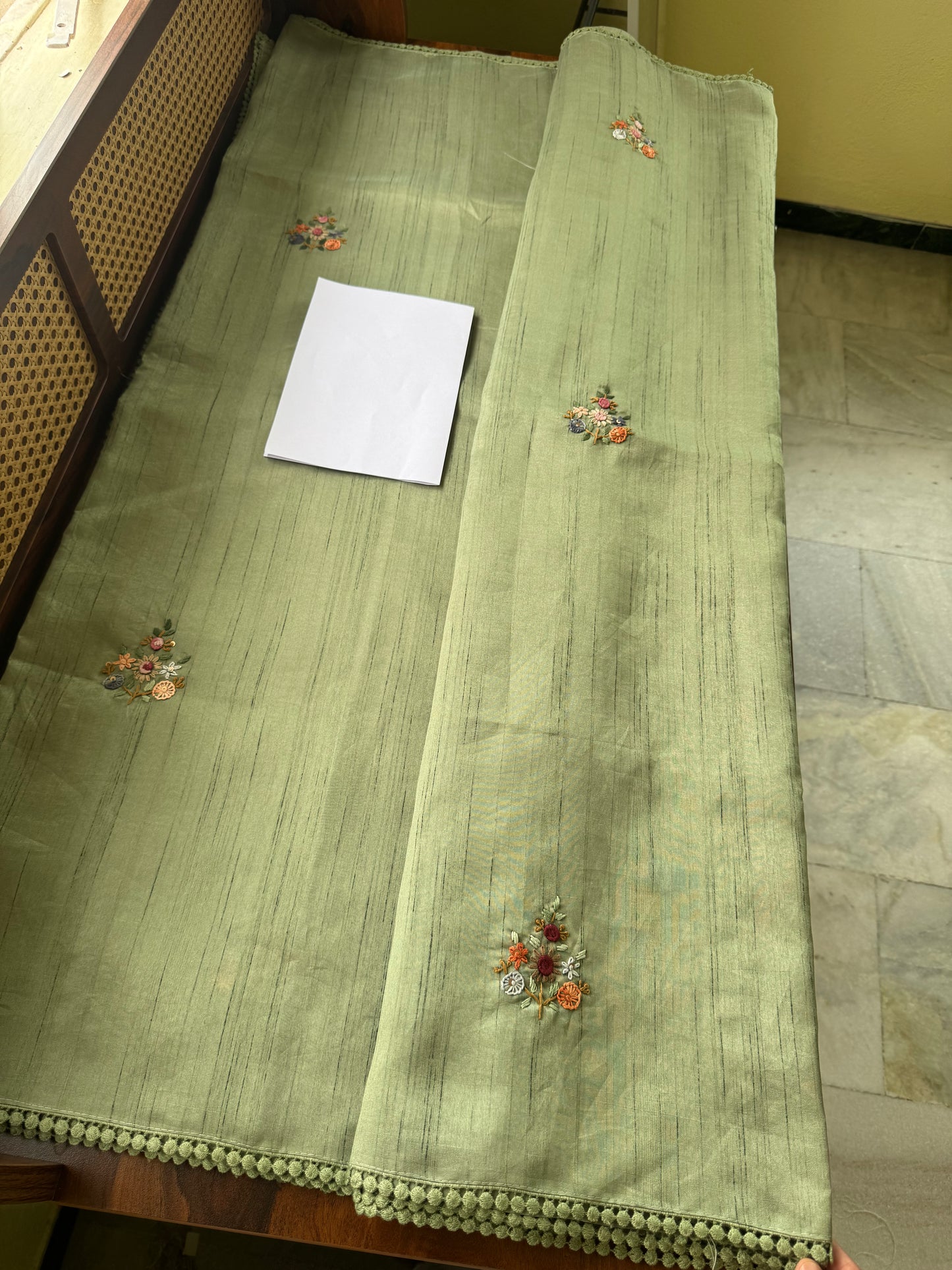 Hand Embroidered Tussar Blend Saree with heavy blouse  - Green