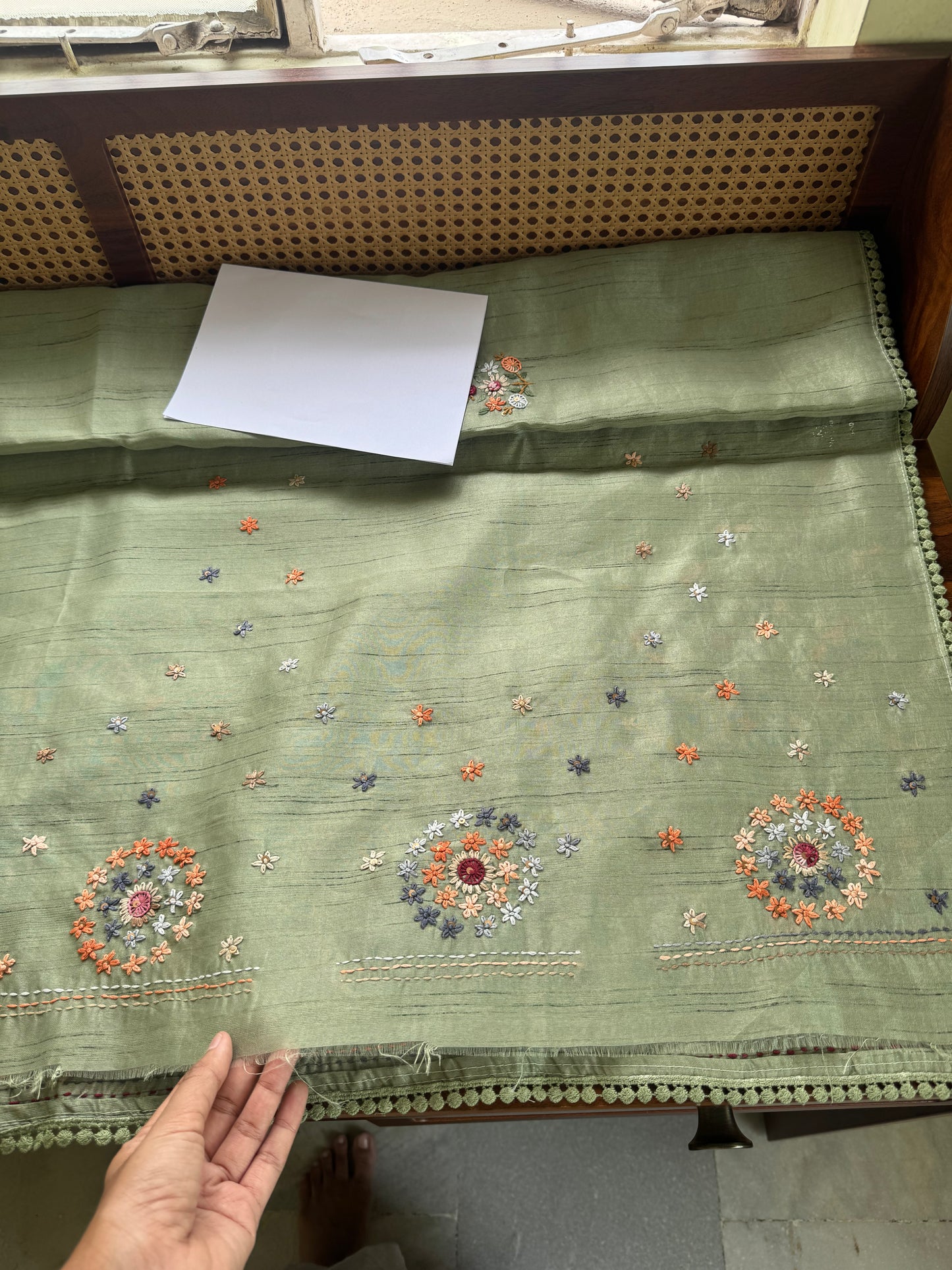 Hand Embroidered Tussar Blend Saree with heavy blouse  - Green