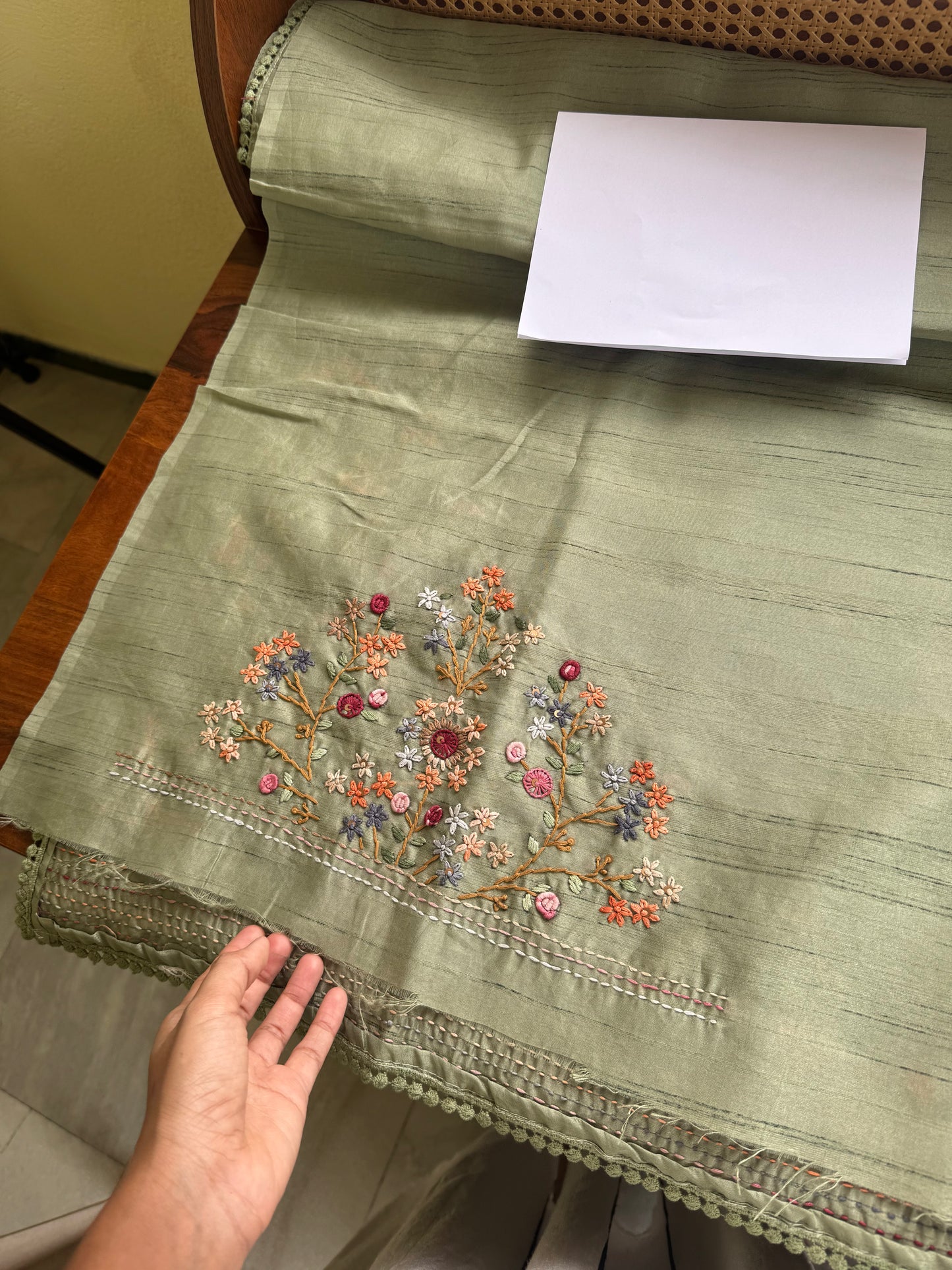 Hand Embroidered Tussar Blend Saree with heavy blouse  - Green
