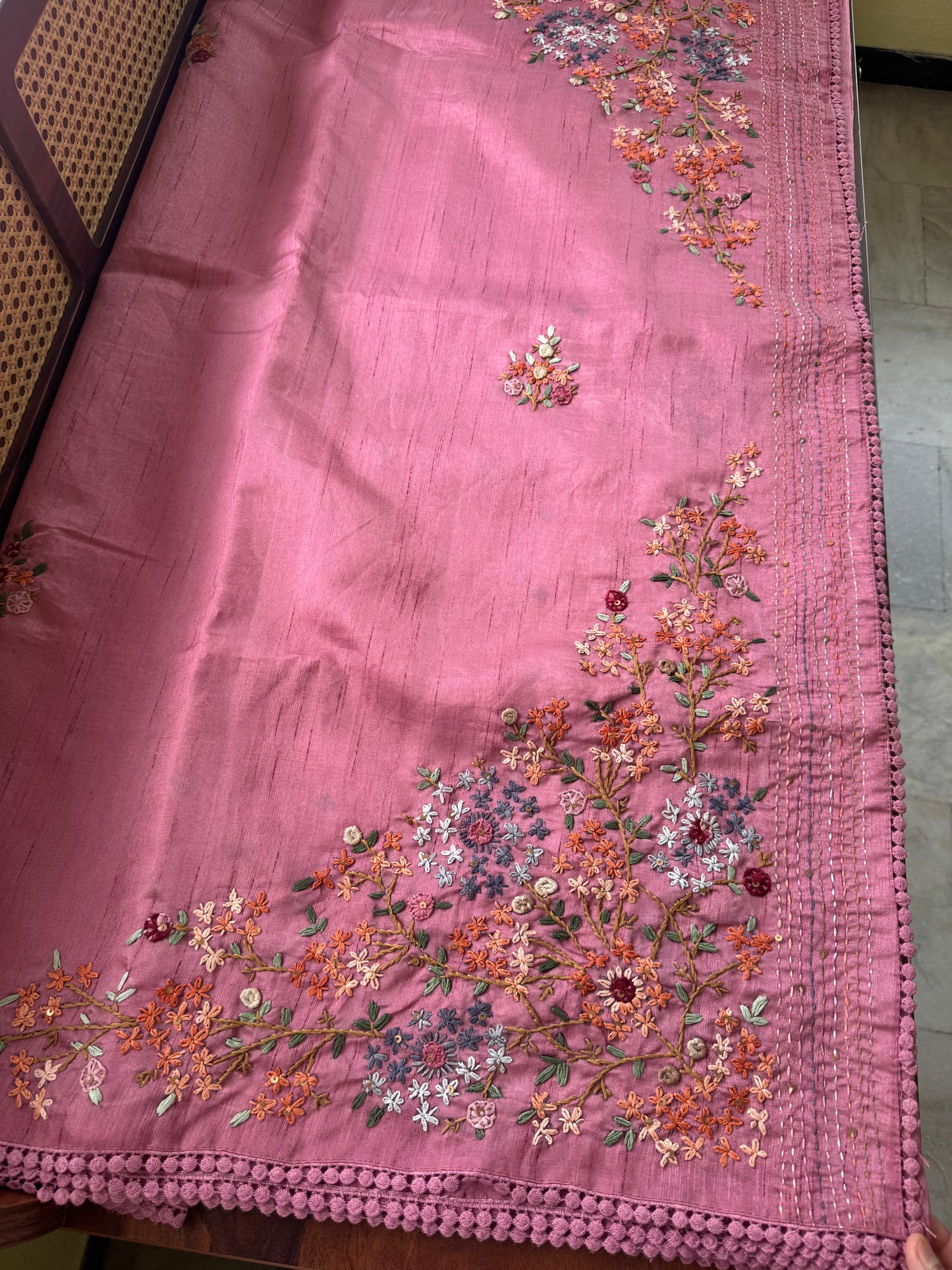 Hand Embroidered Tussar Blend Saree with heavy blouse  - Pink