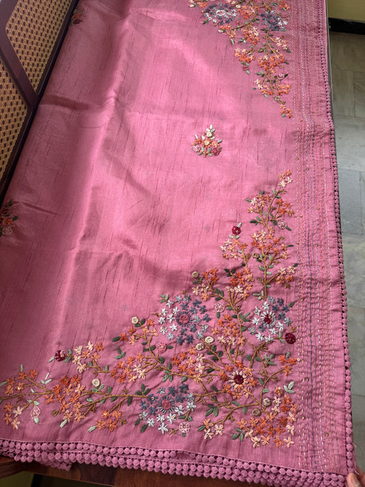 Hand Embroidered Tussar Blend Saree with heavy blouse  - Pink
