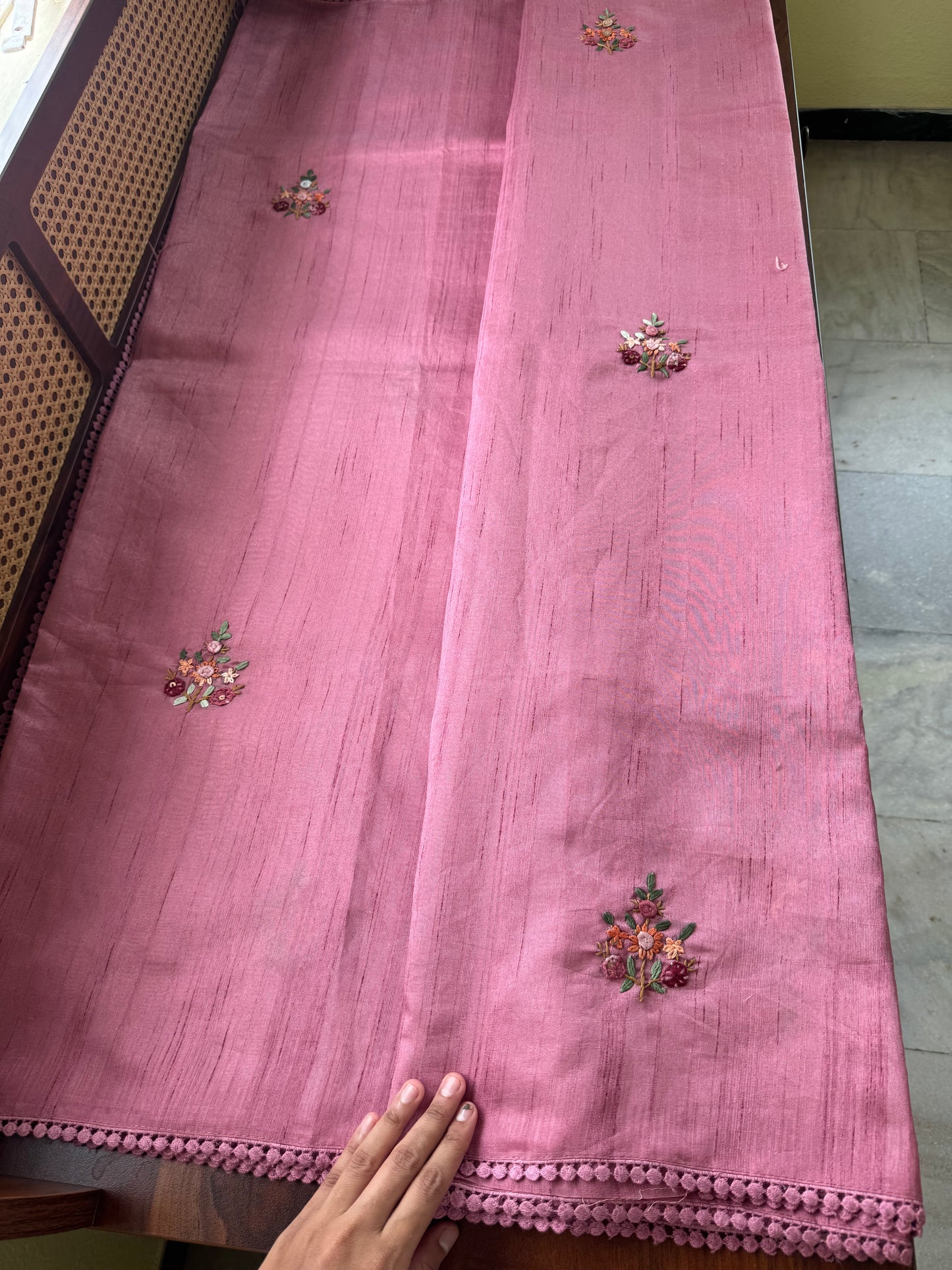 Hand Embroidered Tussar Blend Saree with heavy blouse  - Pink
