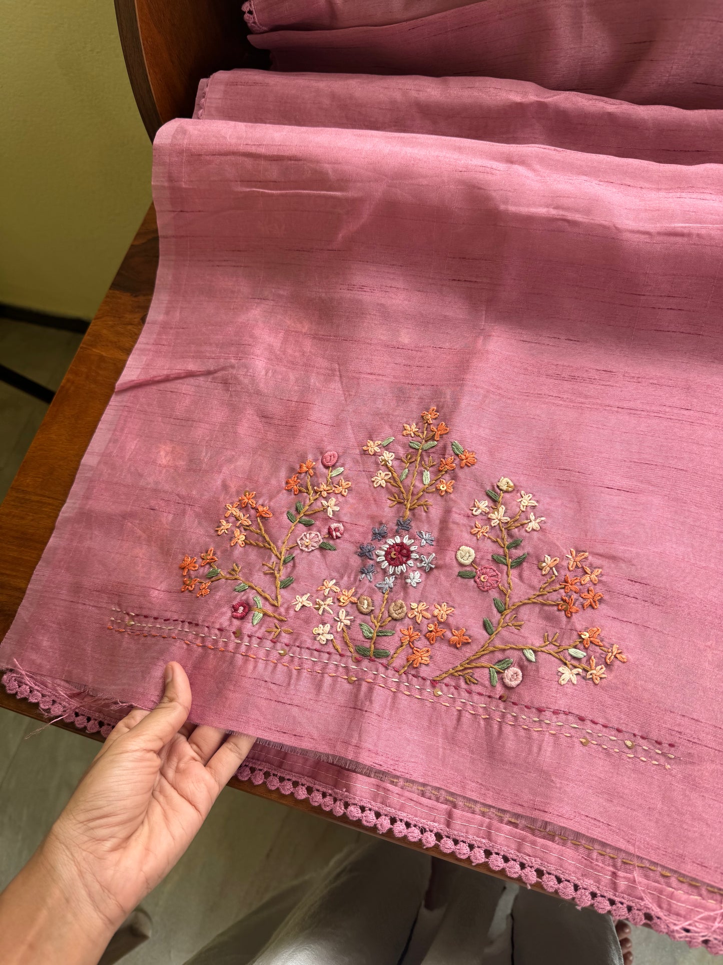 Hand Embroidered Tussar Blend Saree with heavy blouse  - Pink