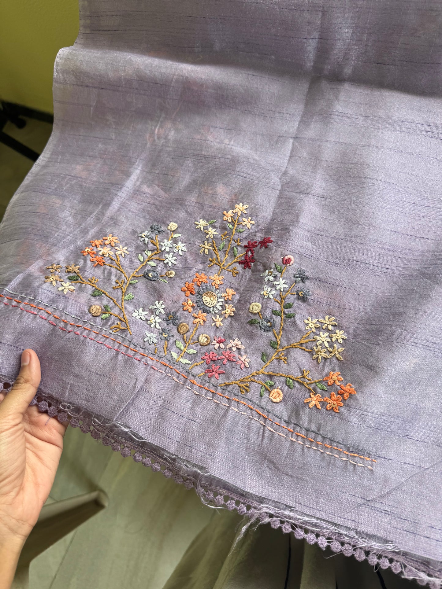 Hand Embroidered Tussar Blend Saree with heavy blouse  - Lavender