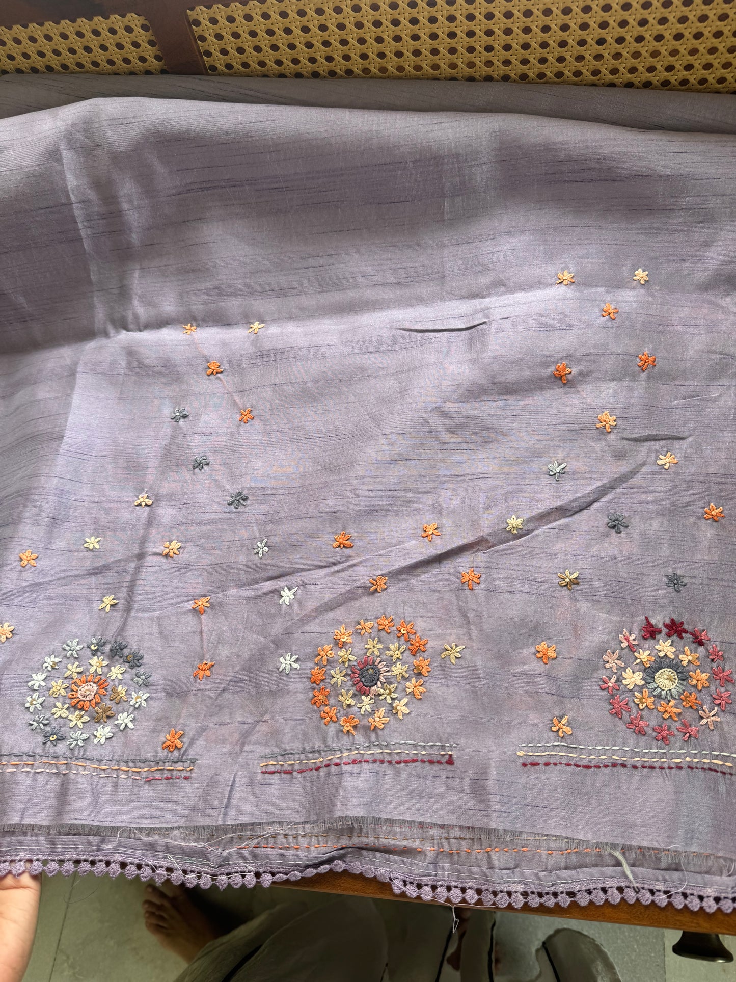 Hand Embroidered Tussar Blend Saree with heavy blouse  - Lavender