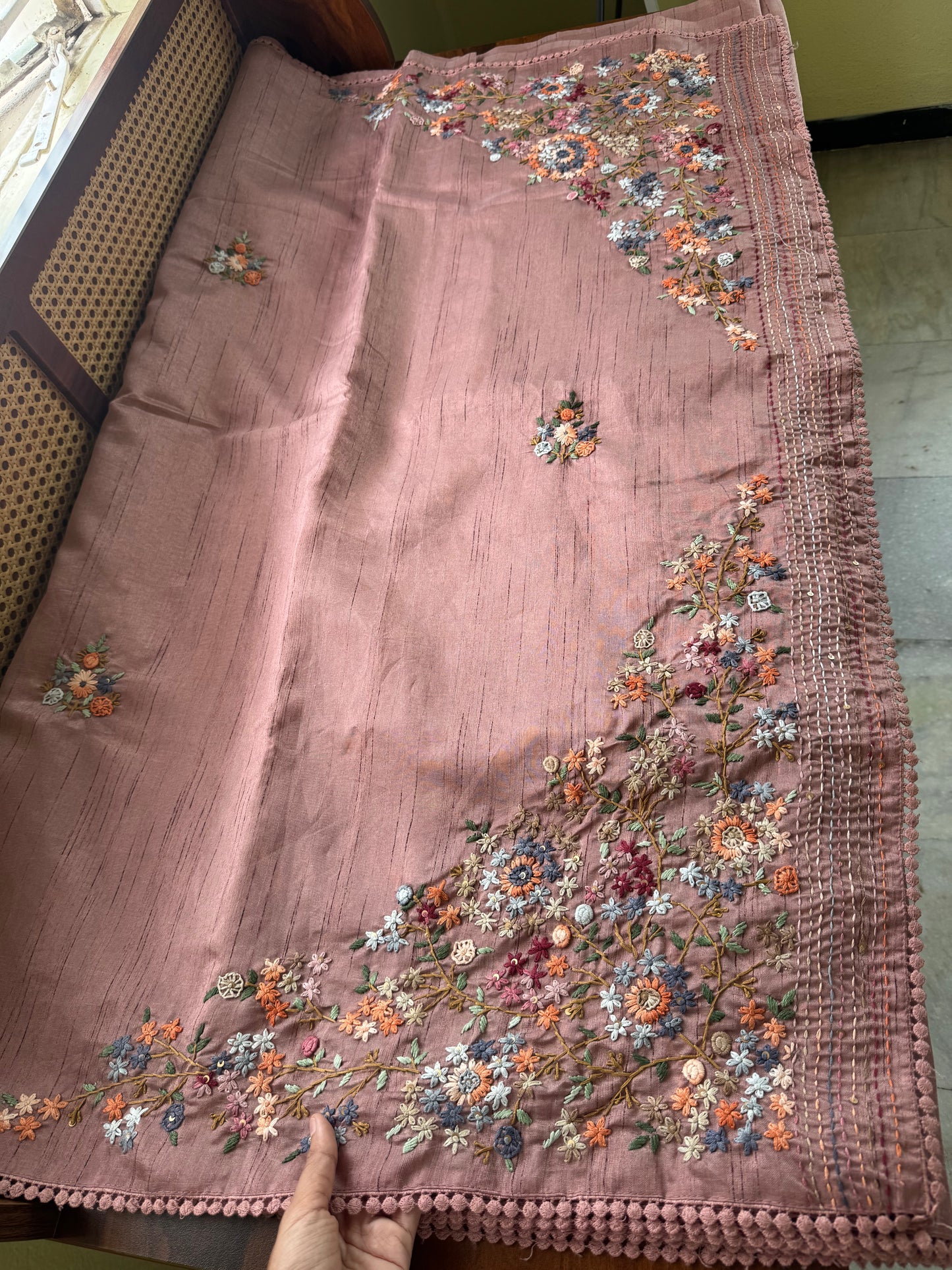 Hand Embroidered Tussar Blend Saree with heavy blouse  - Mauve