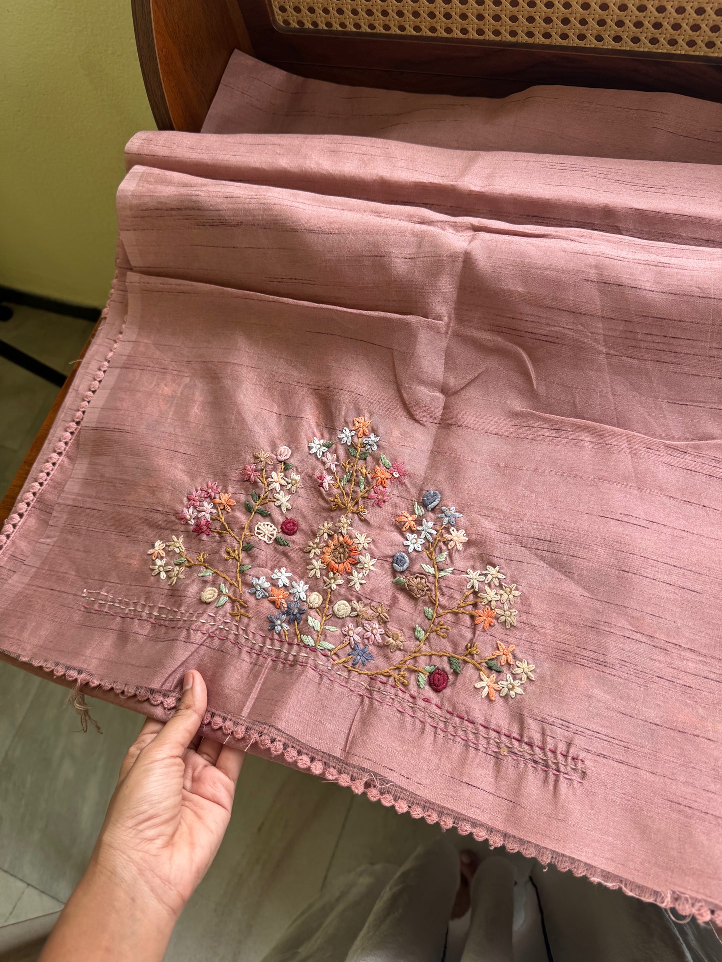 Hand Embroidered Tussar Blend Saree with heavy blouse  - Mauve