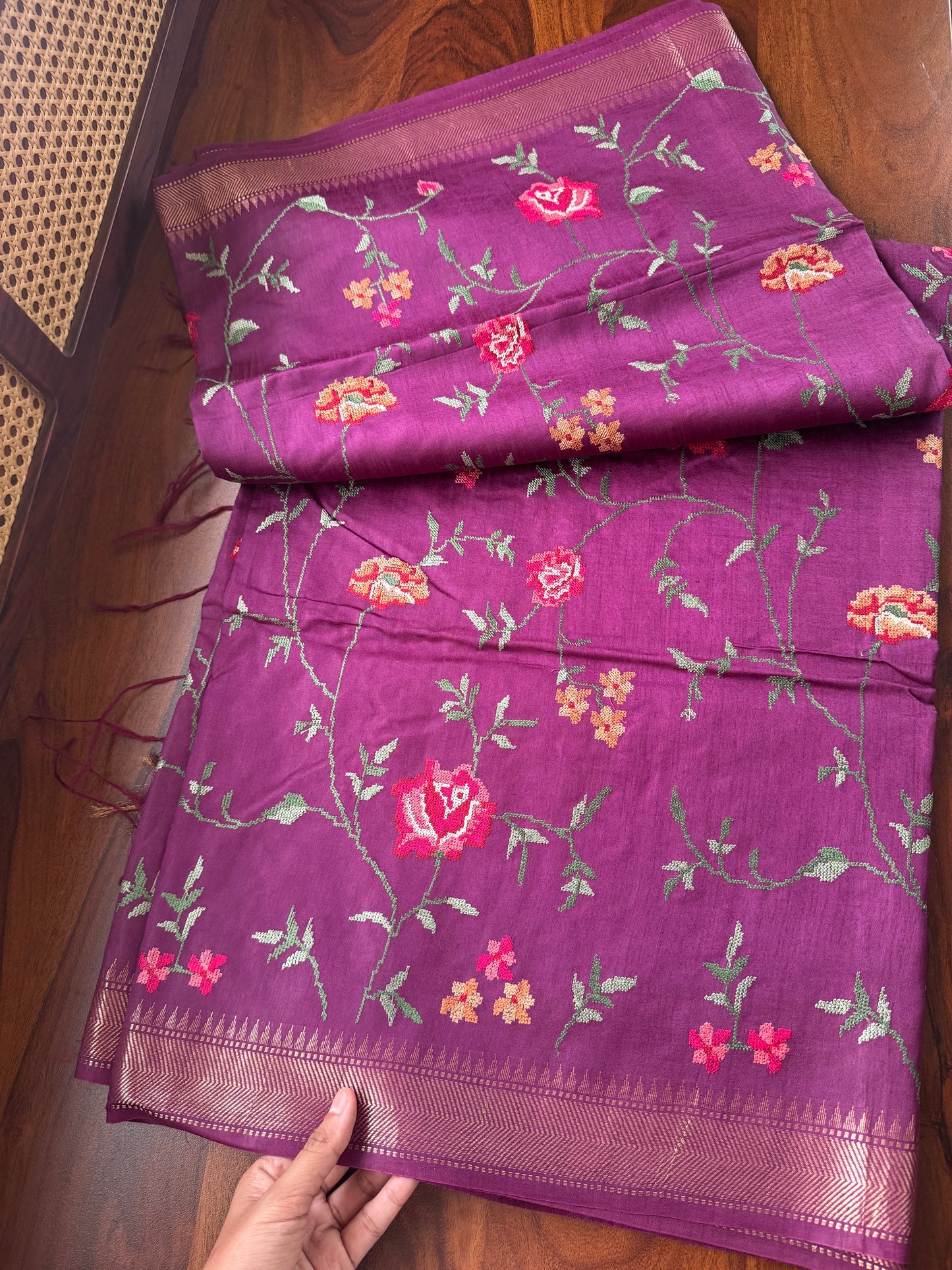 Pure Handloom Tussar Silk Saree with Embroidery- Purple