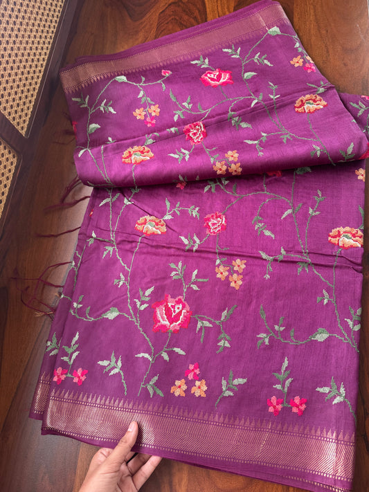 Pure Handloom Tussar Silk Saree with Embroidery- Purple