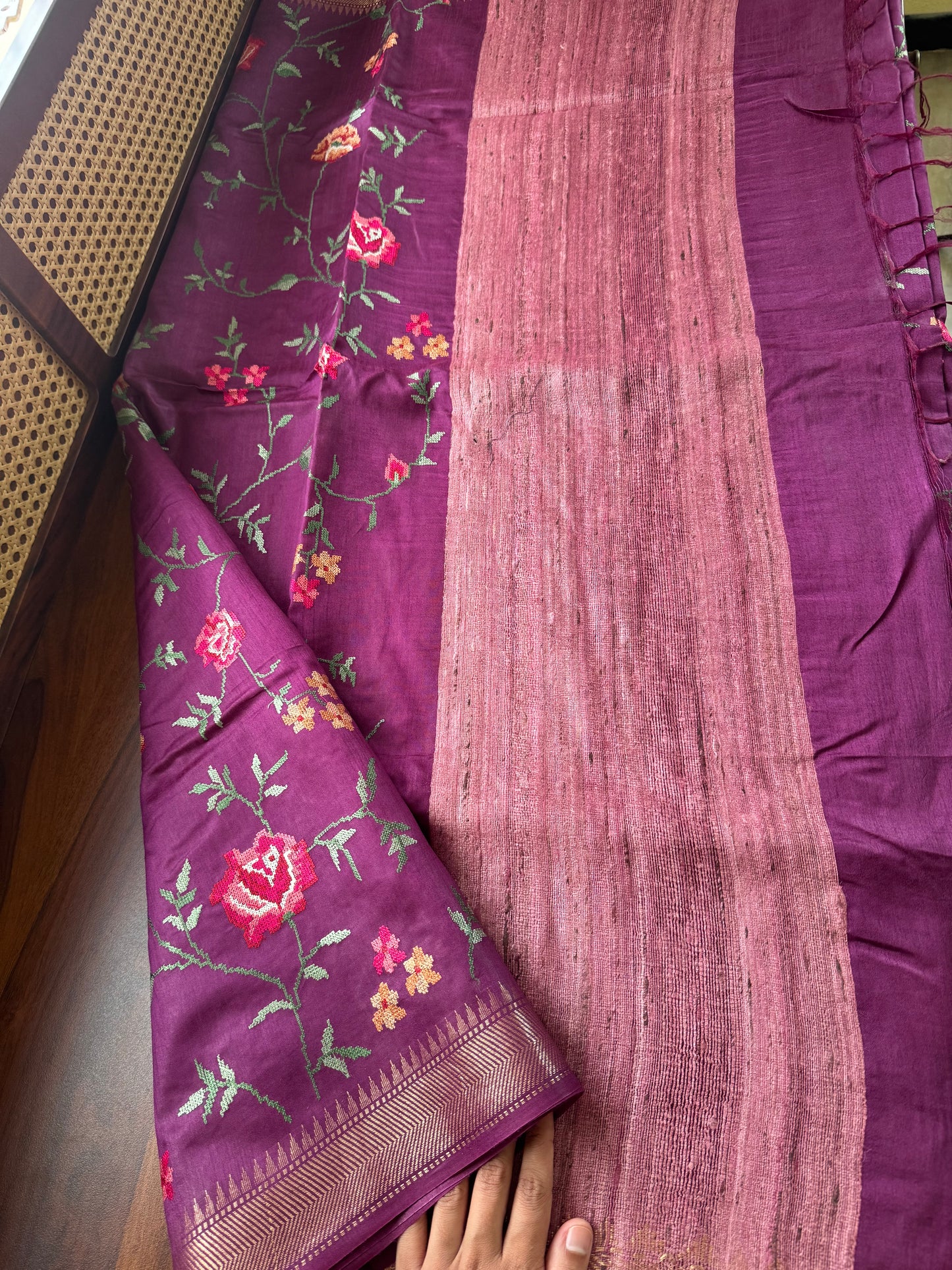 Pure Handloom Tussar Silk Saree with Embroidery- Purple