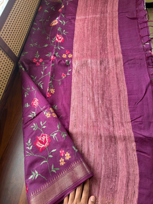 Pure Handloom Tussar Silk Saree with Embroidery- Purple