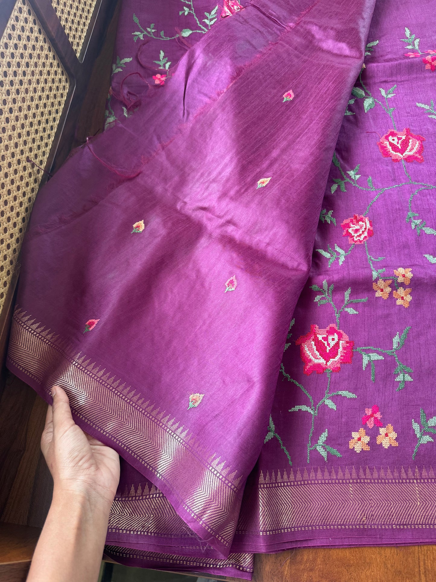 Pure Handloom Tussar Silk Saree with Embroidery- Purple