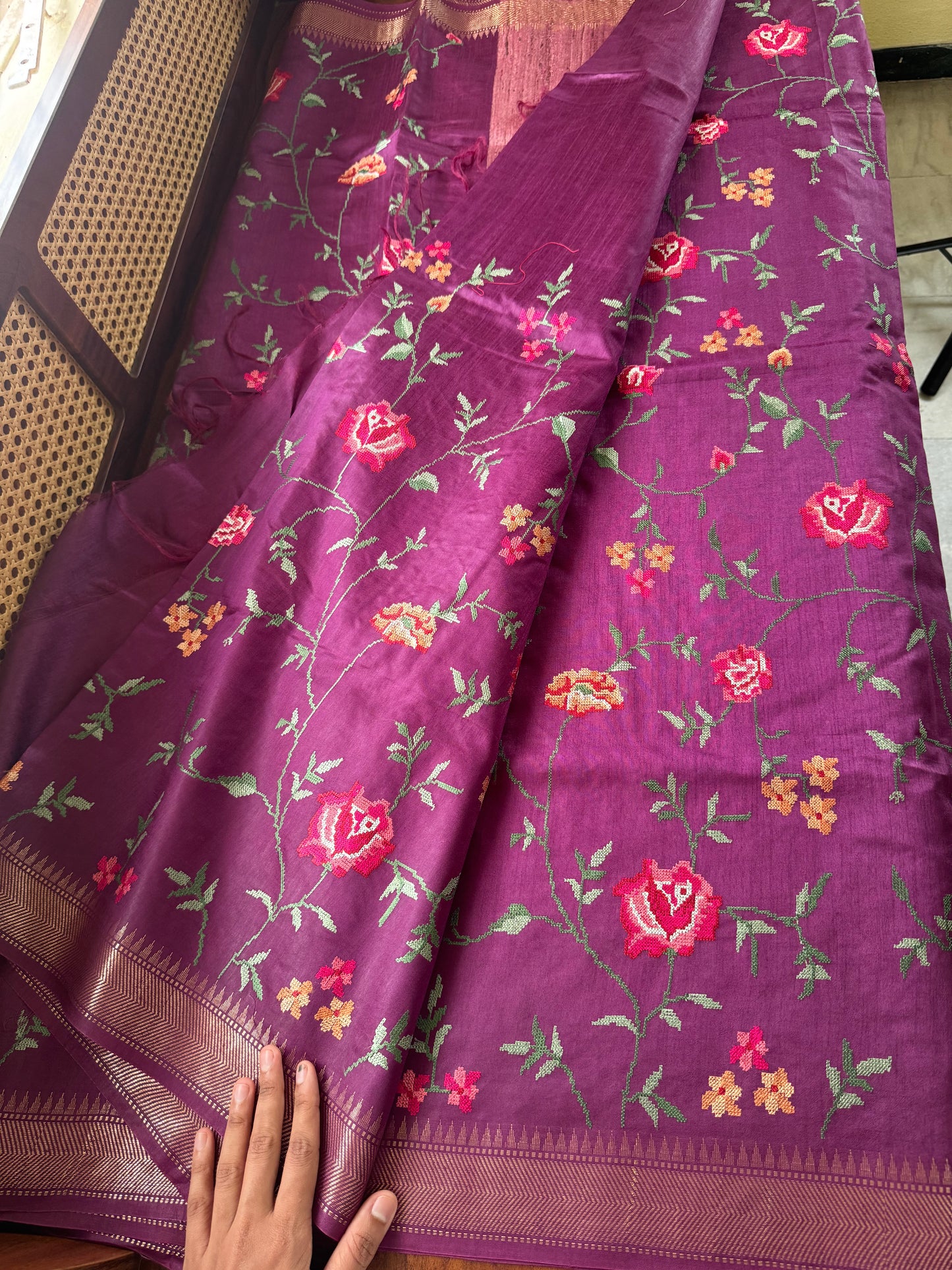 Pure Handloom Tussar Silk Saree with Embroidery- Purple