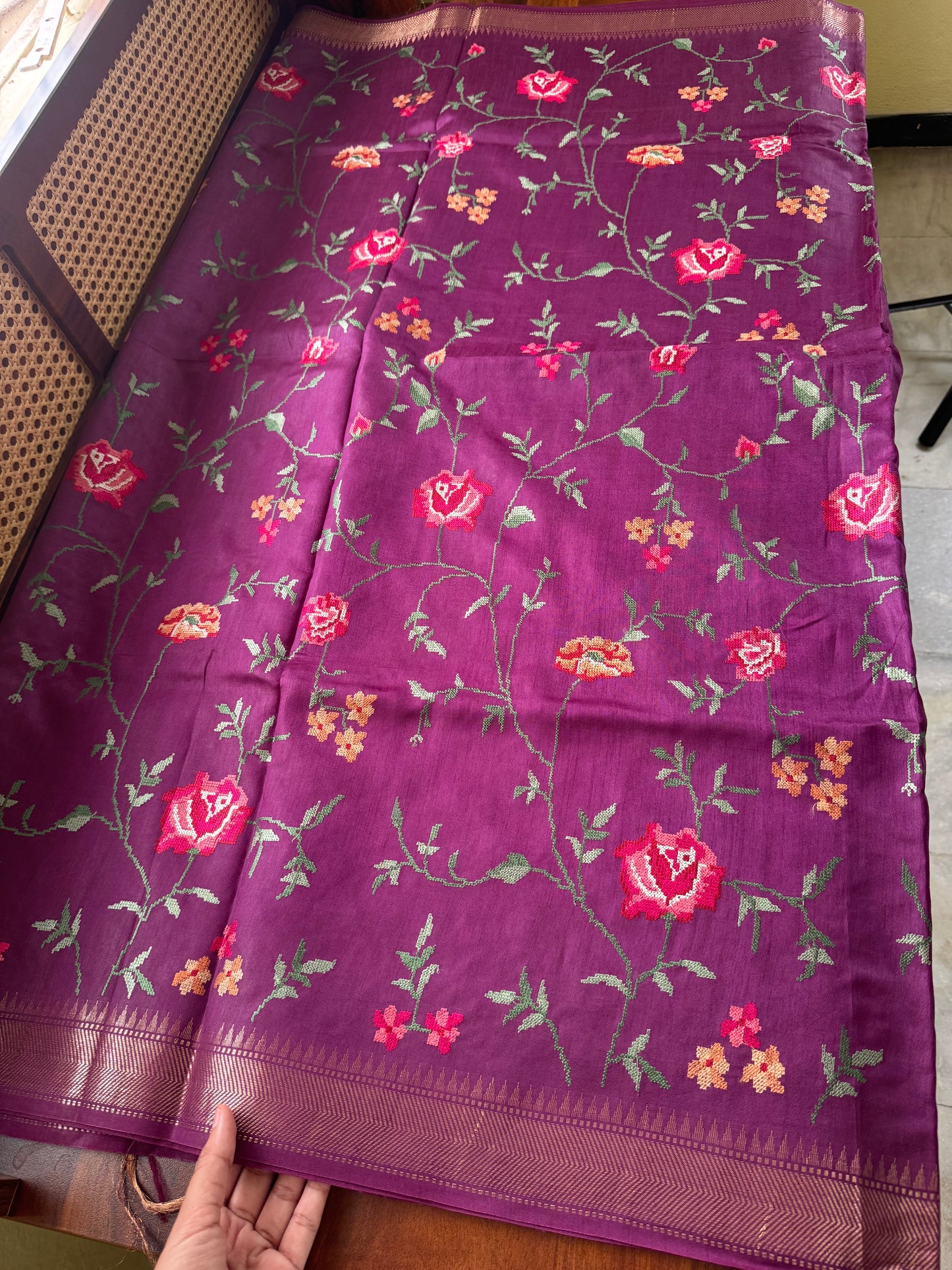 Pure Handloom Tussar Silk Saree with Embroidery- Purple