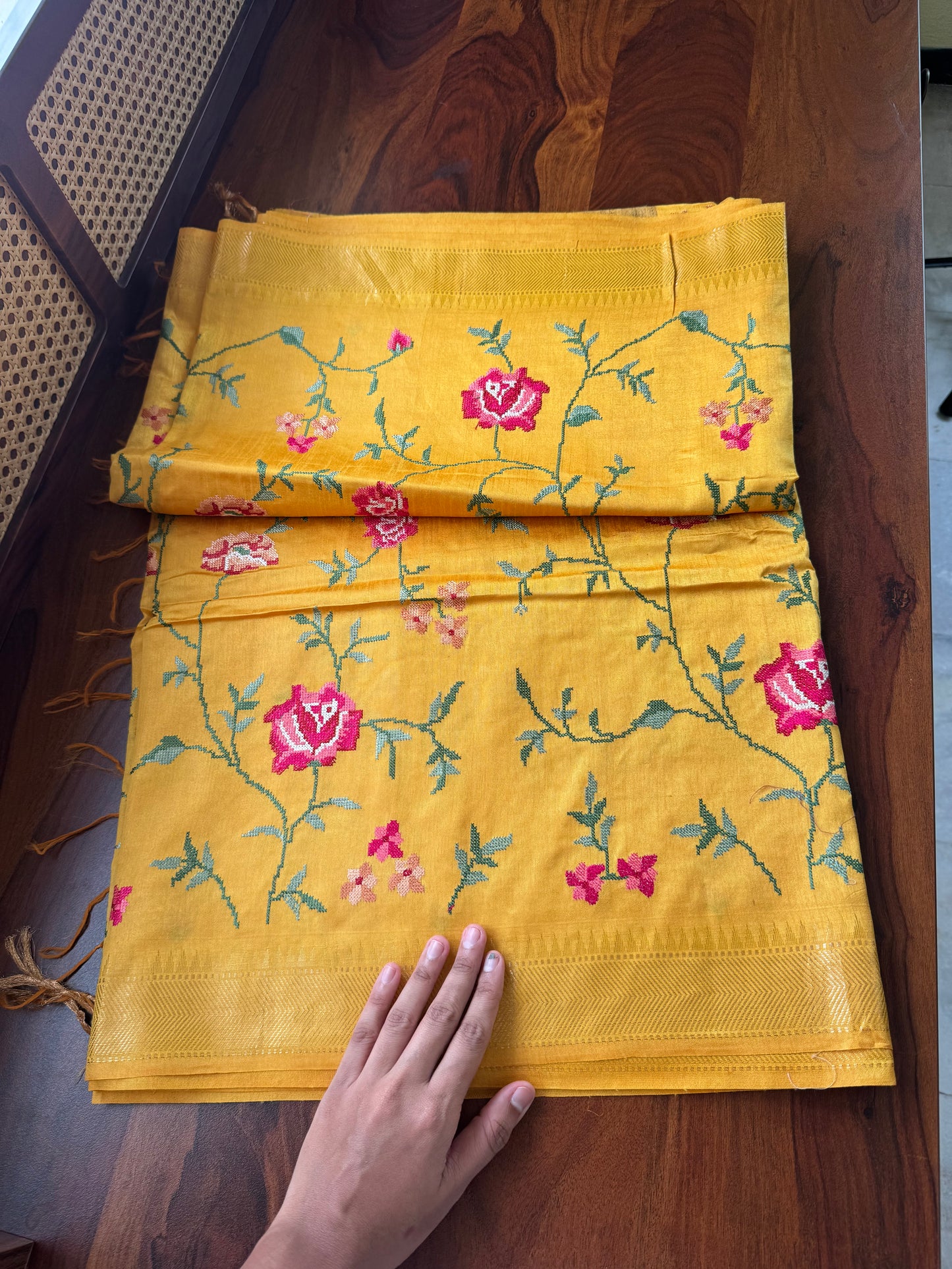 Pure Handloom Tussar Silk Saree with Embroidery- Yellow