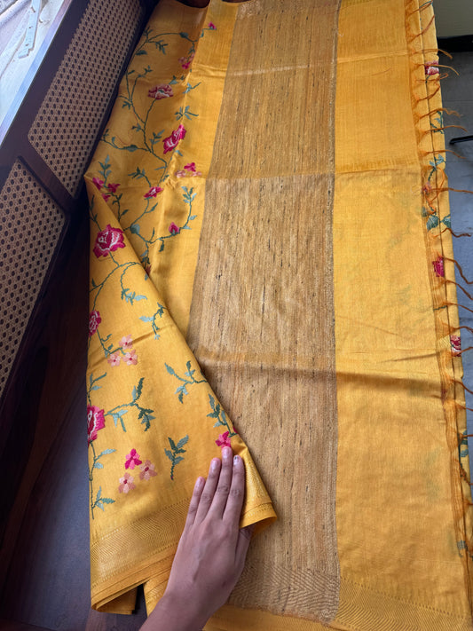 Pure Handloom Tussar Silk Saree with Embroidery- Yellow