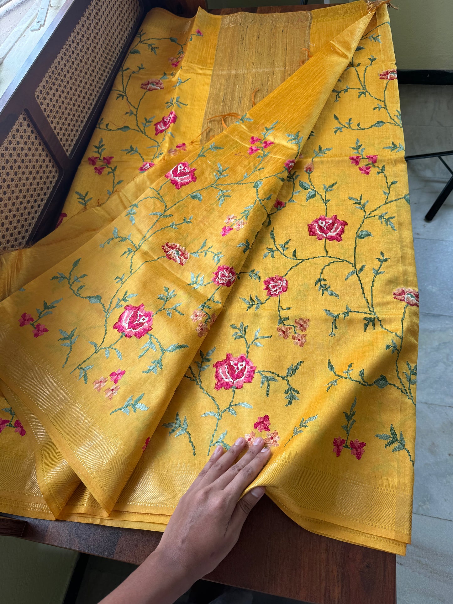 Pure Handloom Tussar Silk Saree with Embroidery- Yellow