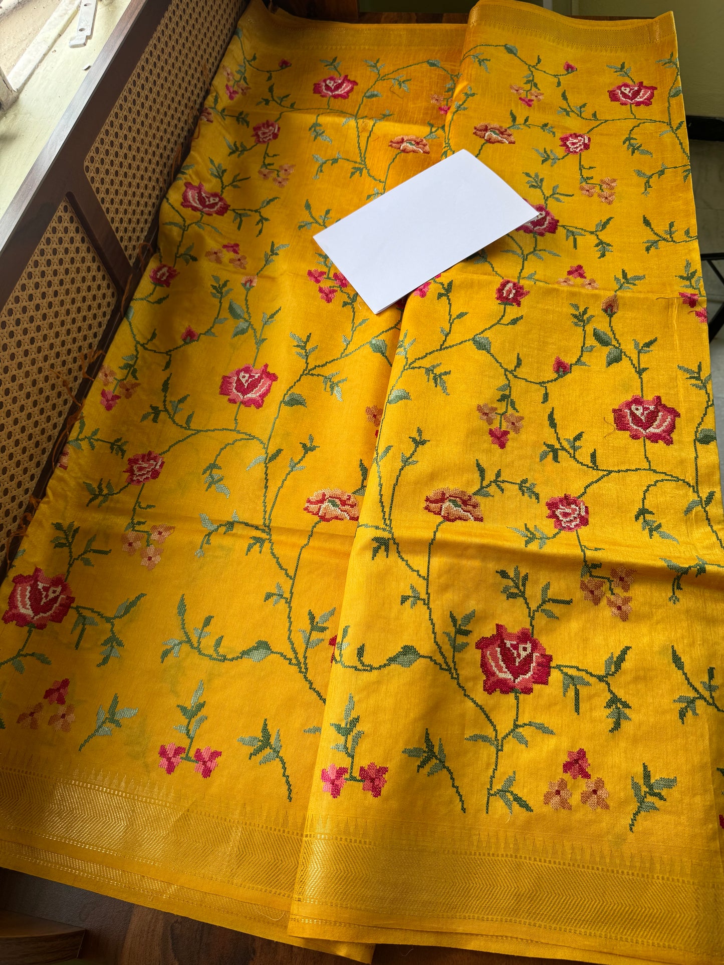 Pure Handloom Tussar Silk Saree with Embroidery- Yellow