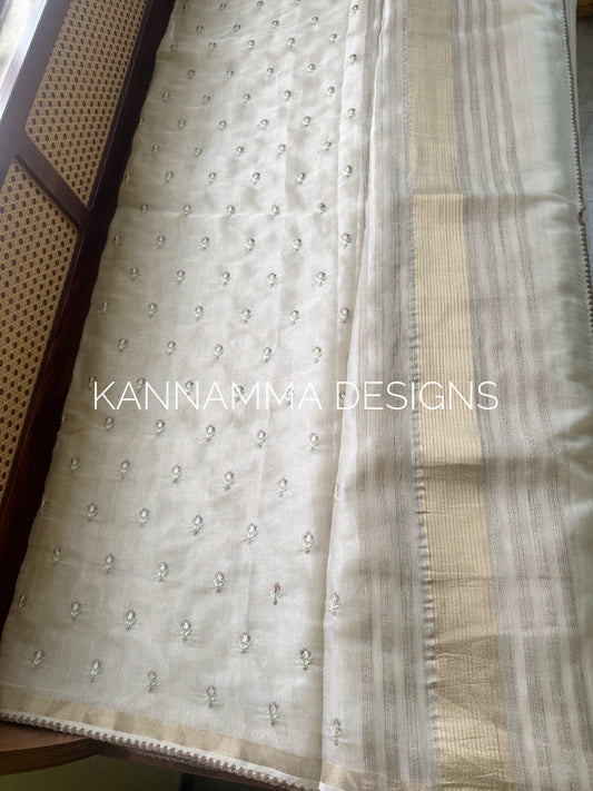 Mul Chanderi Tissue Saree - Cream & Brown