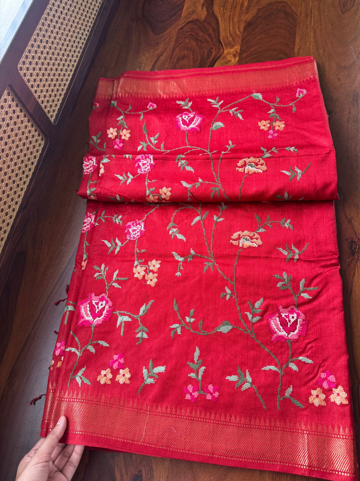 Pure Handloom Tussar Silk Saree with Embroidery- Red