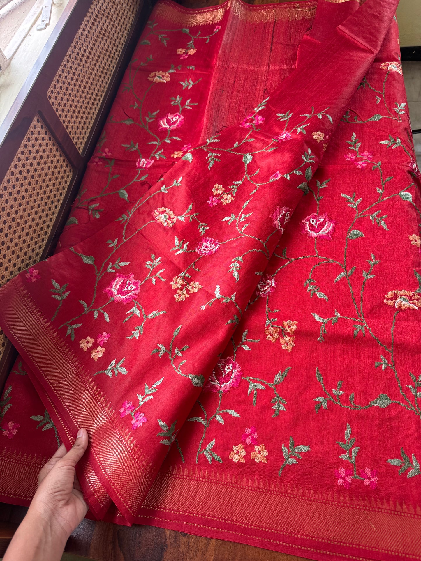 Pure Handloom Tussar Silk Saree with Embroidery- Red