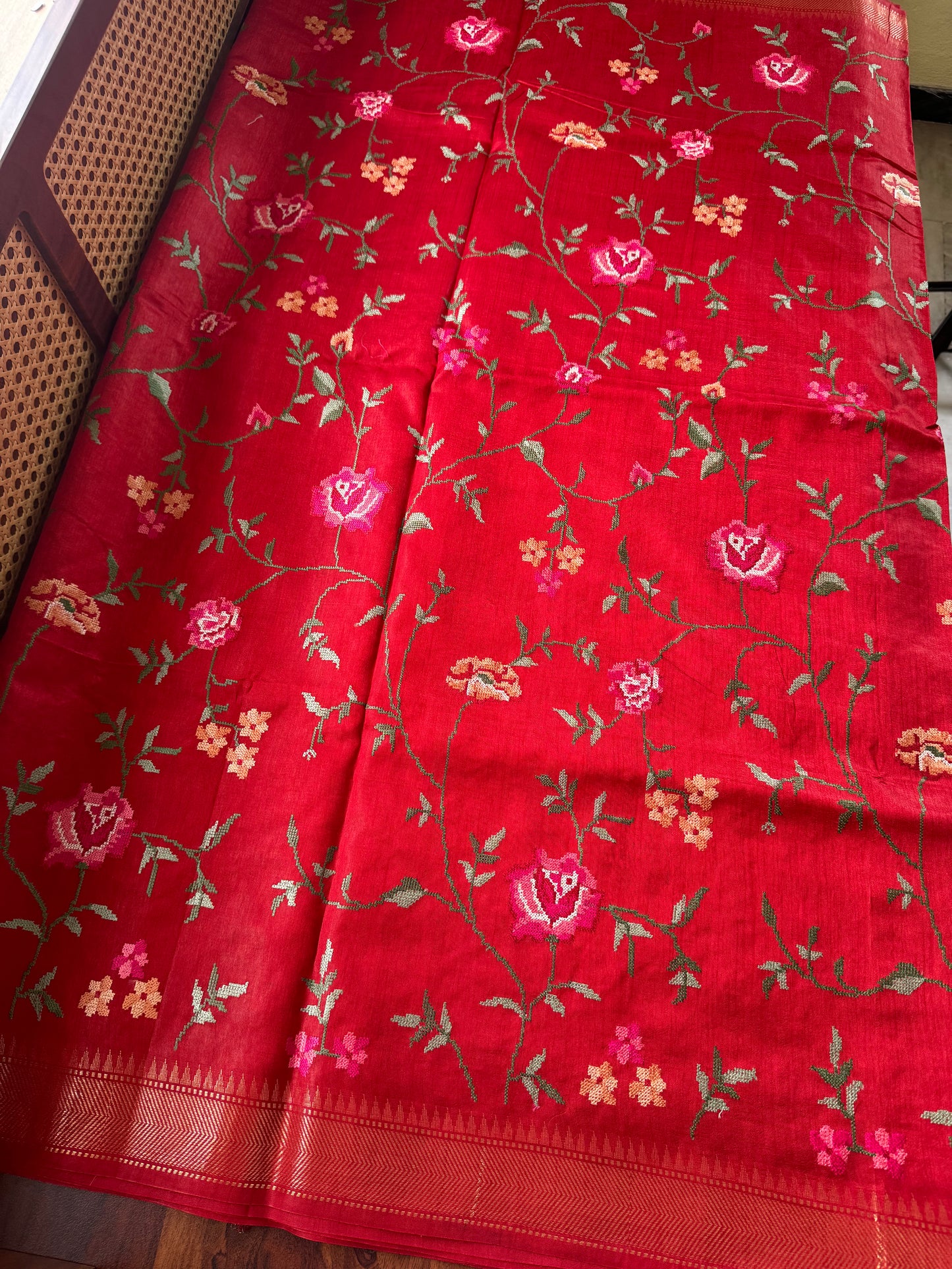 Pure Handloom Tussar Silk Saree with Embroidery- Red