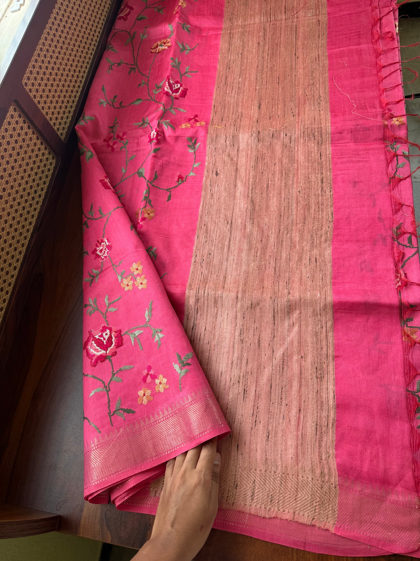 Pure Handloom Tussar Silk Saree with Embroidery- Pink