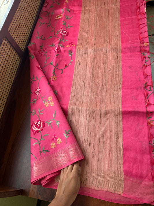 Pure Handloom Tussar Silk Saree with Embroidery- Pink