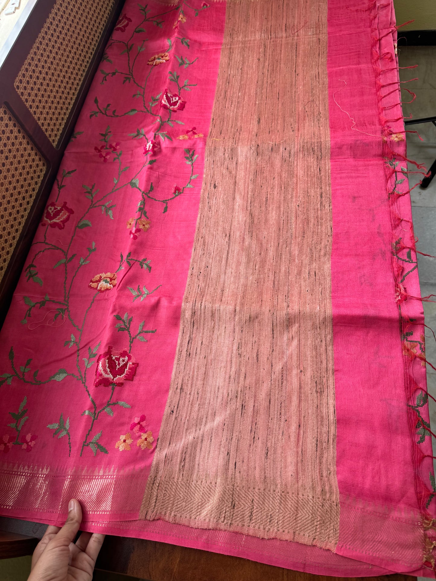 Pure Handloom Tussar Silk Saree with Embroidery- Pink