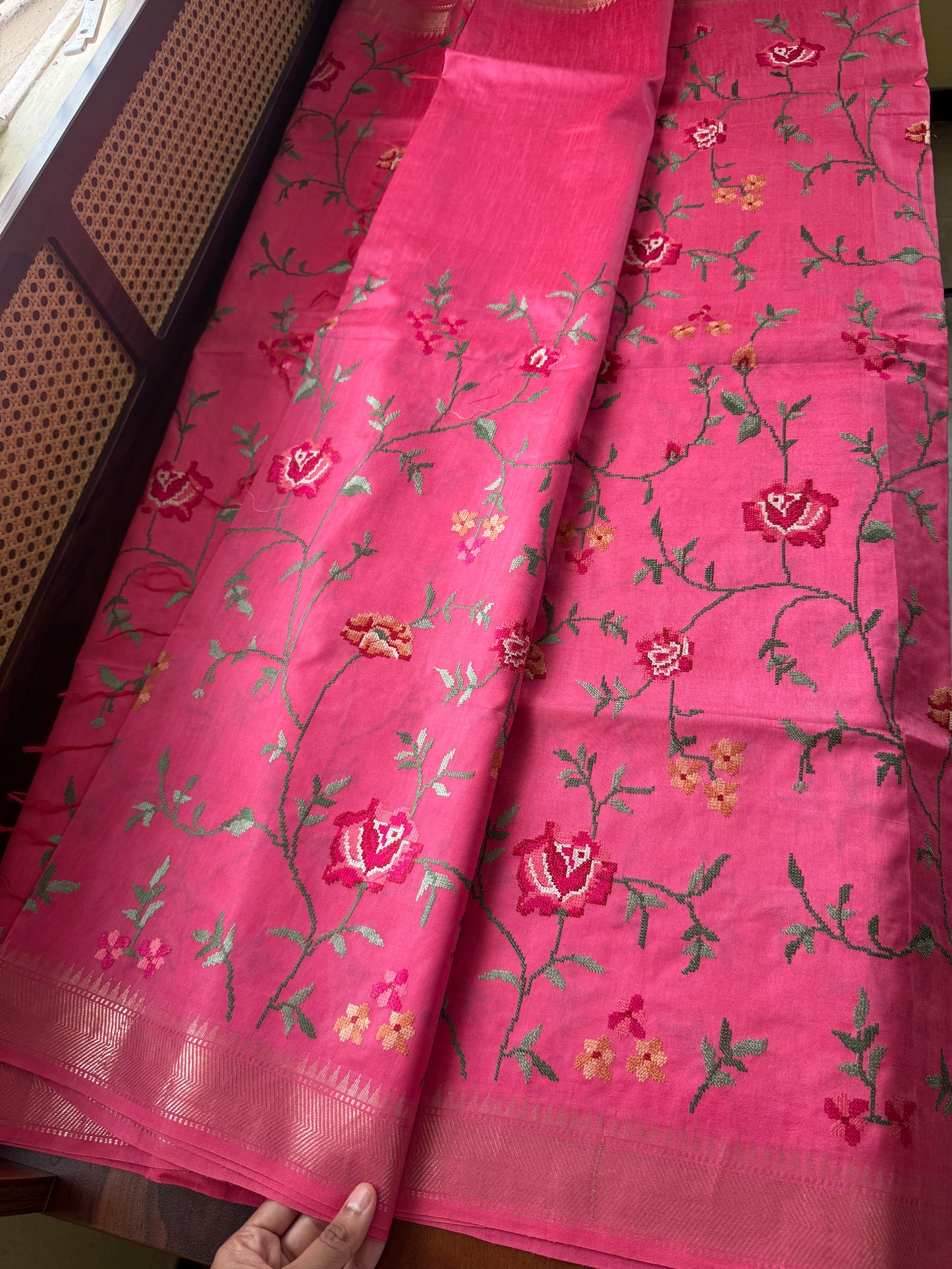 Pure Handloom Tussar Silk Saree with Embroidery- Pink