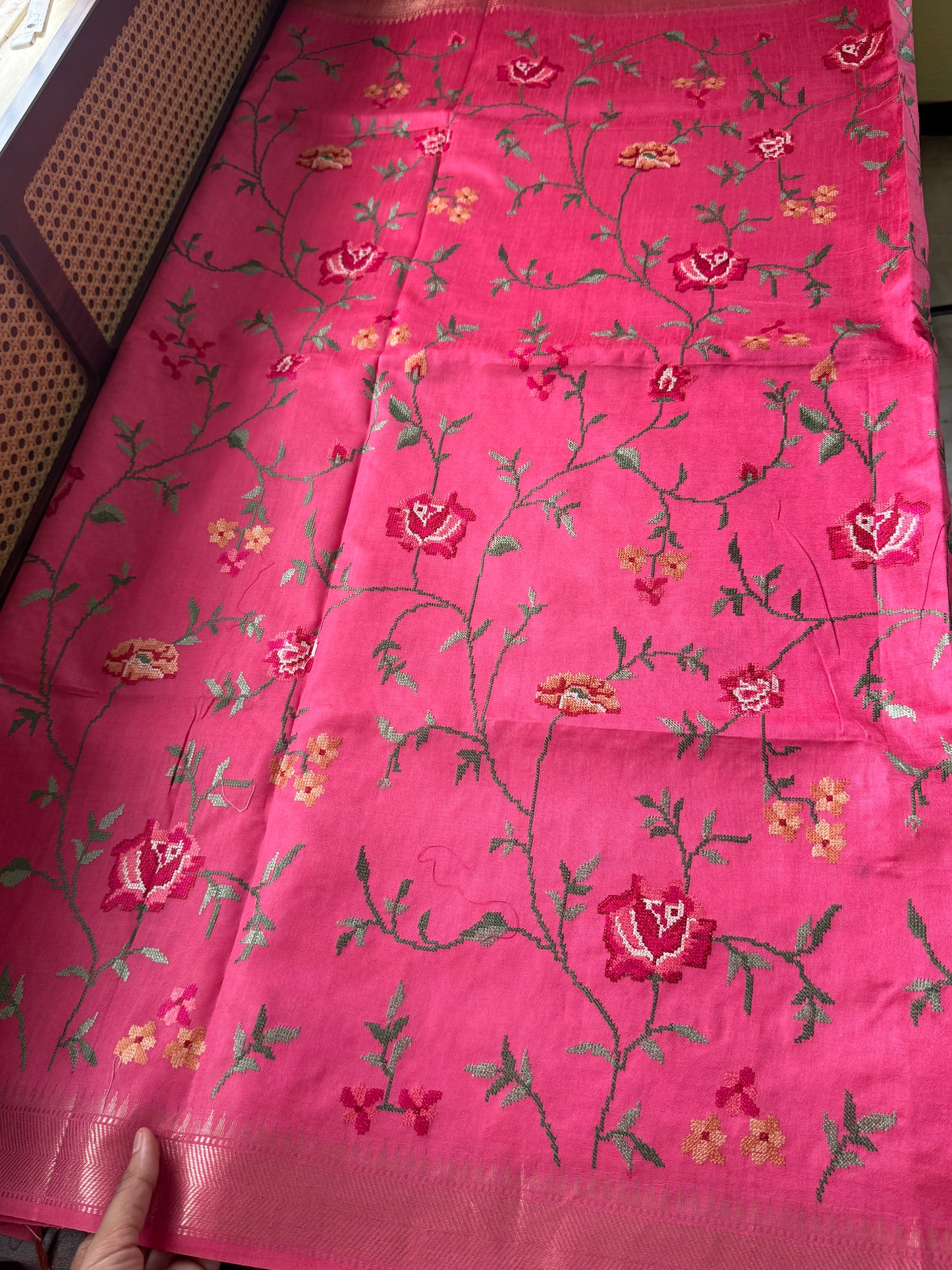 Pure Handloom Tussar Silk Saree with Embroidery- Pink