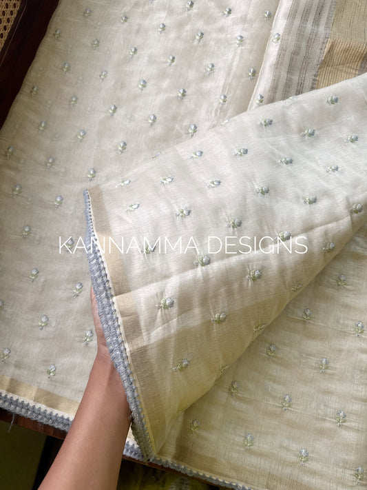 Mul Chanderi Tissue Saree - Cream & Powder Blue