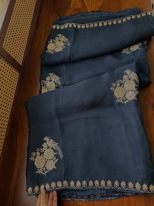 Luxe Georgette Saree with pita work & heavy blouse- Dark Blue