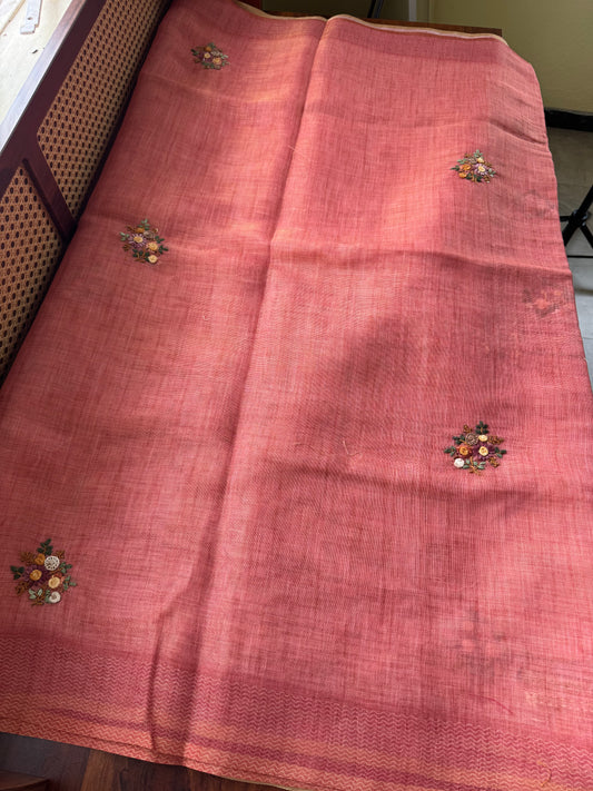Premium Tissue Linen Sarees with heavy blouse - Peach