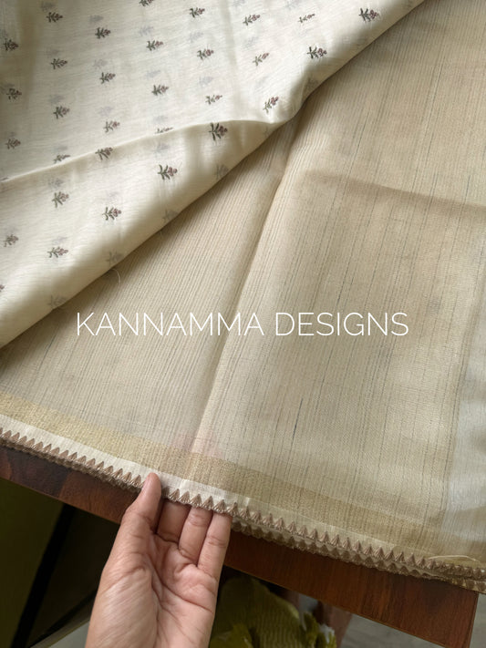 Mul Chanderi Tissue Saree - Cream & Coffee Brown