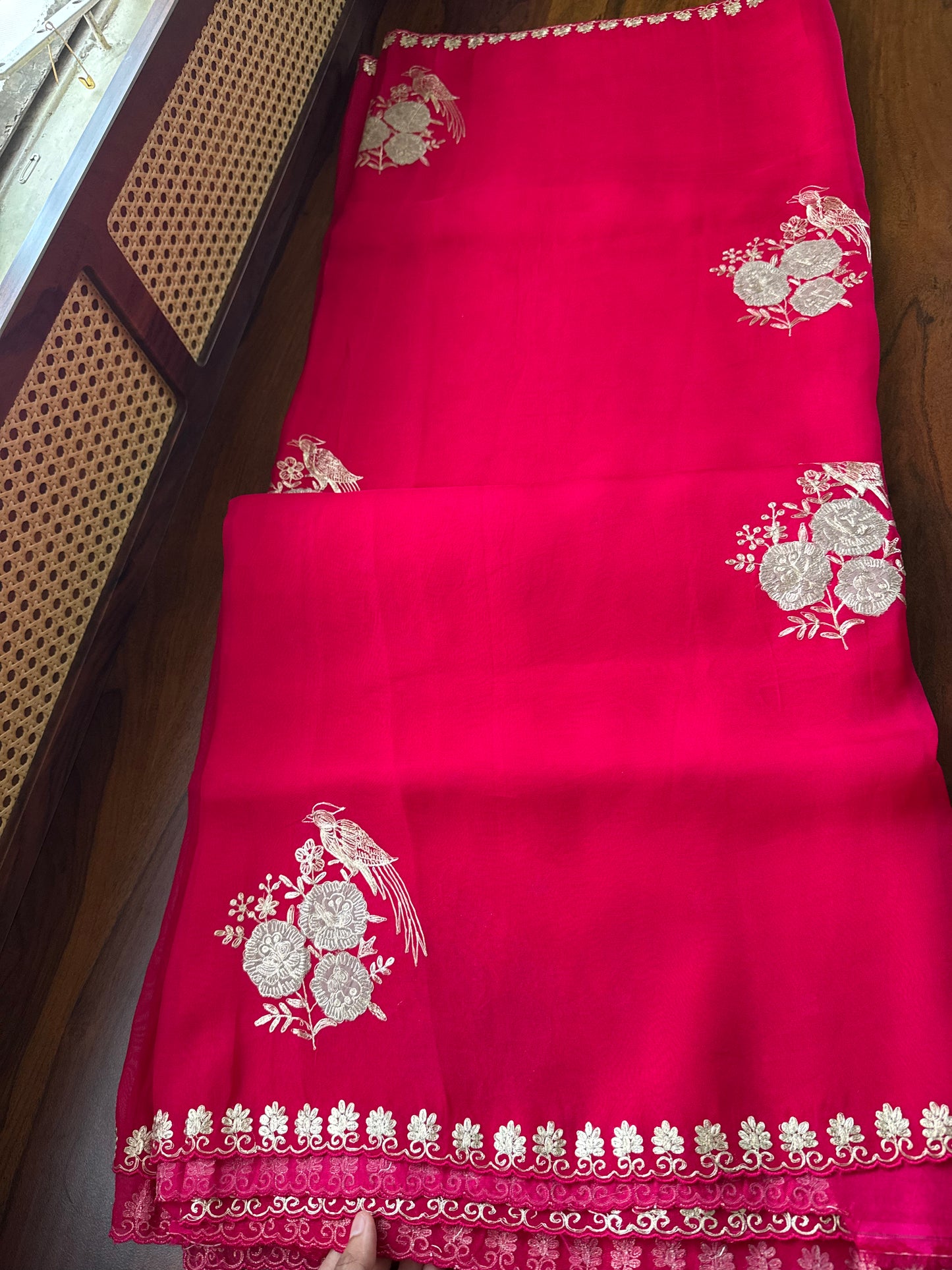 Luxe Georgette Saree with pita work & heavy blouse- Hot Pink