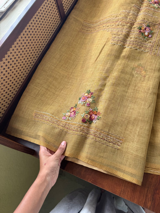 Premium Tissue Linen Sarees with heavy blouse - Henna Green