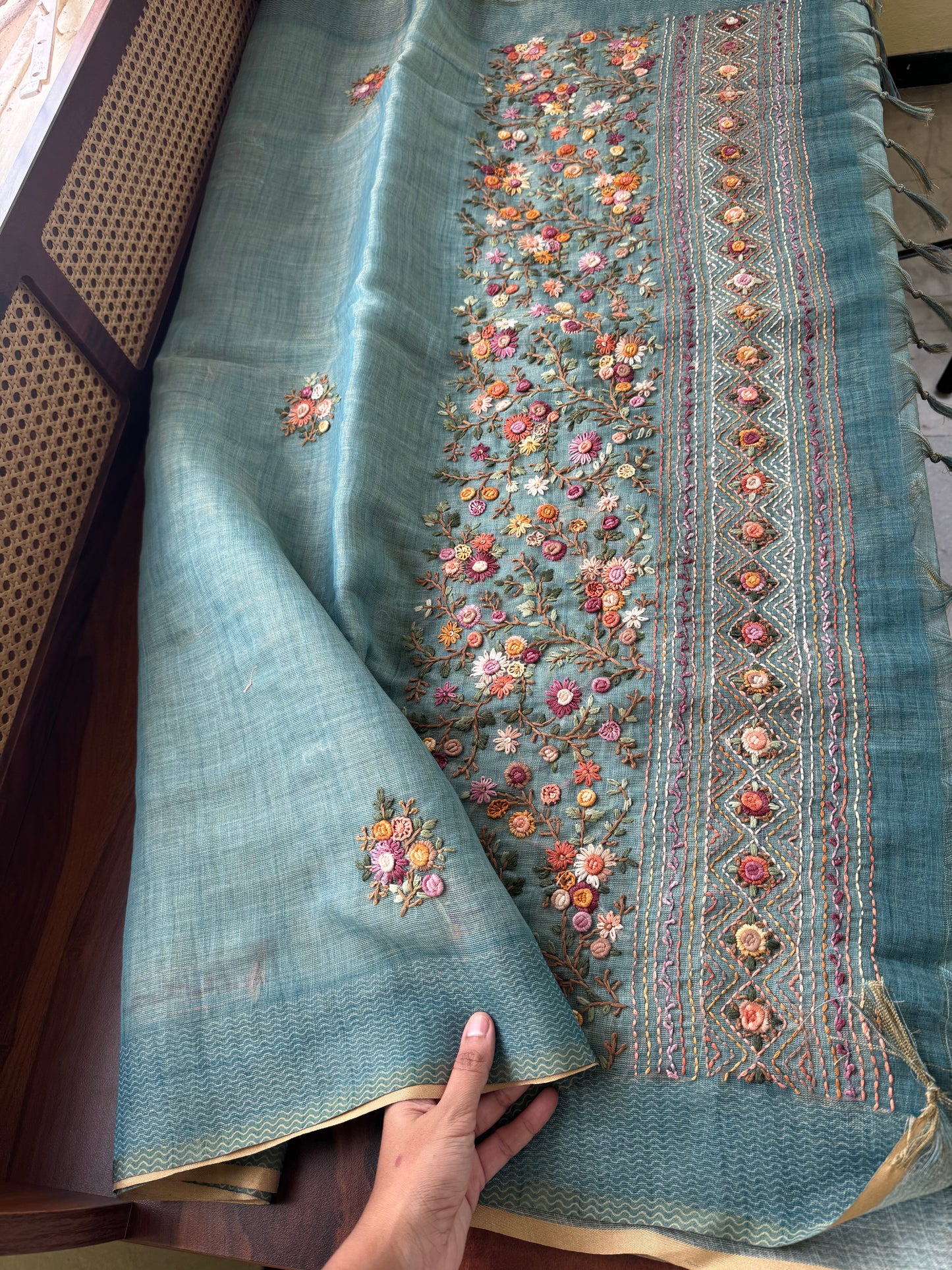 Premium Tissue Linen Sarees with heavy blouse - Blue