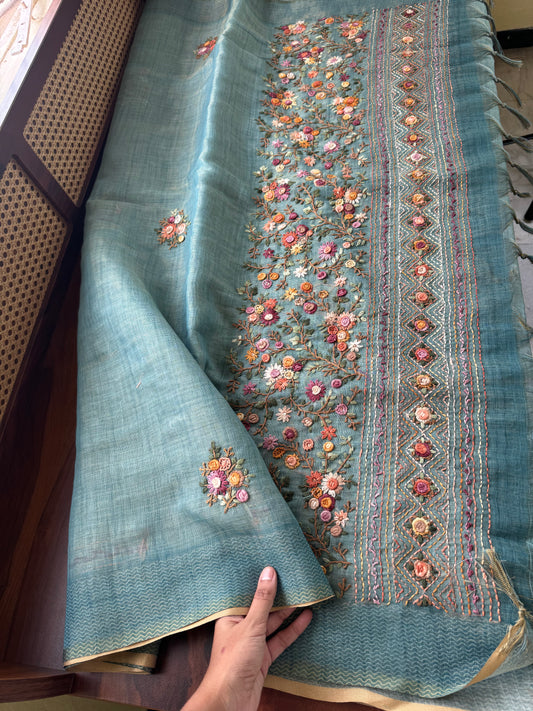 Premium Tissue Linen Sarees with heavy blouse - Blue