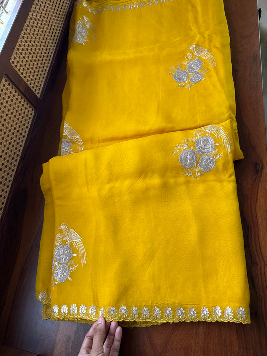 Luxe Georgette Saree with pita work & heavy blouse- Yellow