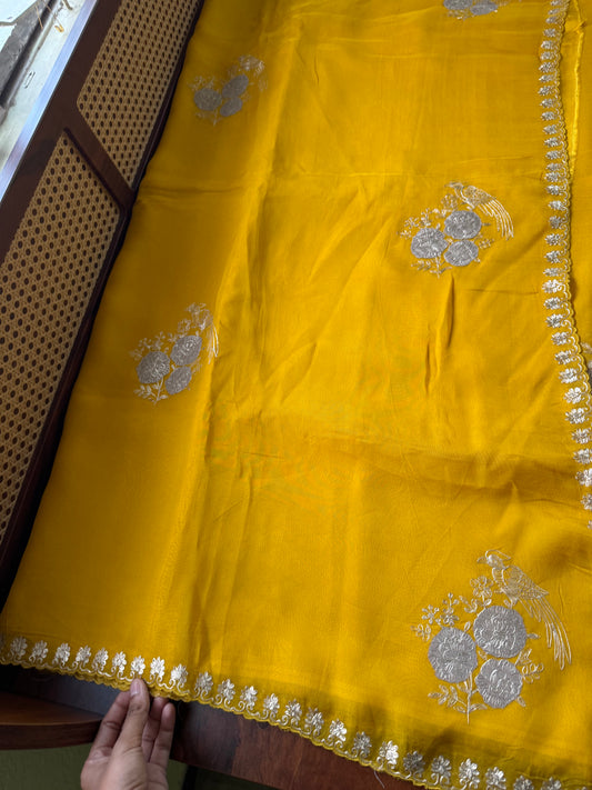 Luxe Georgette Saree with pita work & heavy blouse- Yellow