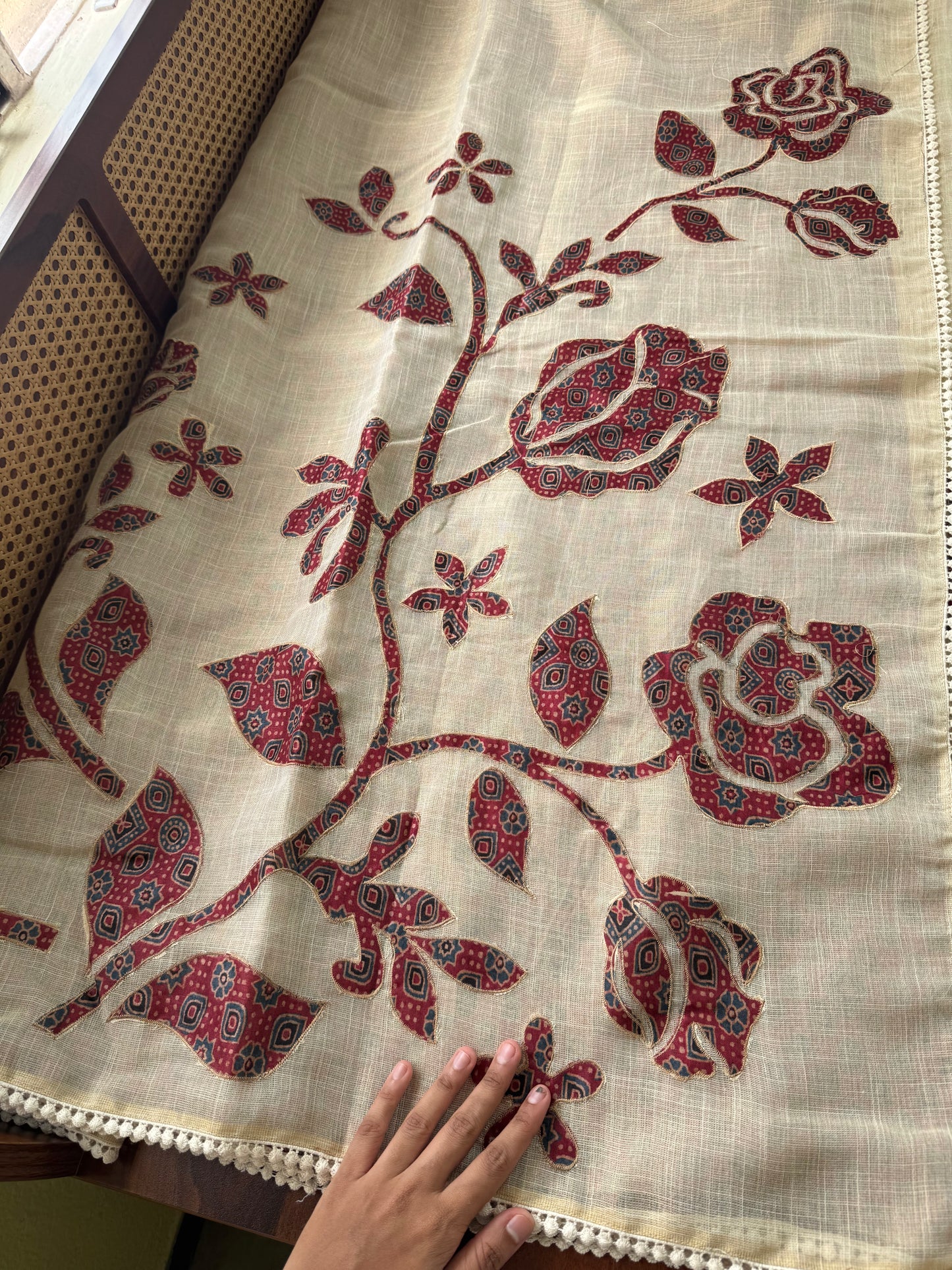 Premium Tissue Linen Sarees with appliqué work - Half White & Maroon