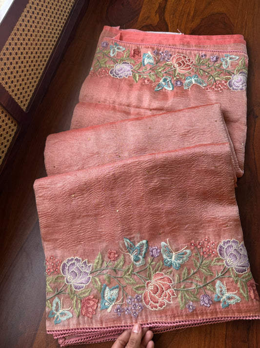 Butterfly Bloom Tissue Saree  - Peach